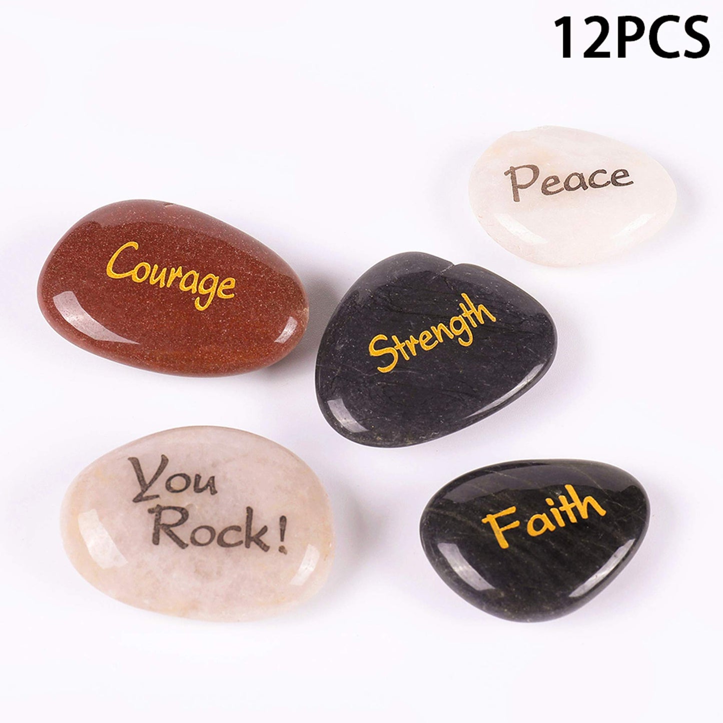 ROCKIMPACT 12 Engraved Inspirational Stones, Pocket Size Highly Polished Natural River Rock, Faith Stone Bulk Lot (Set of 12, 12 Different Sayings)
