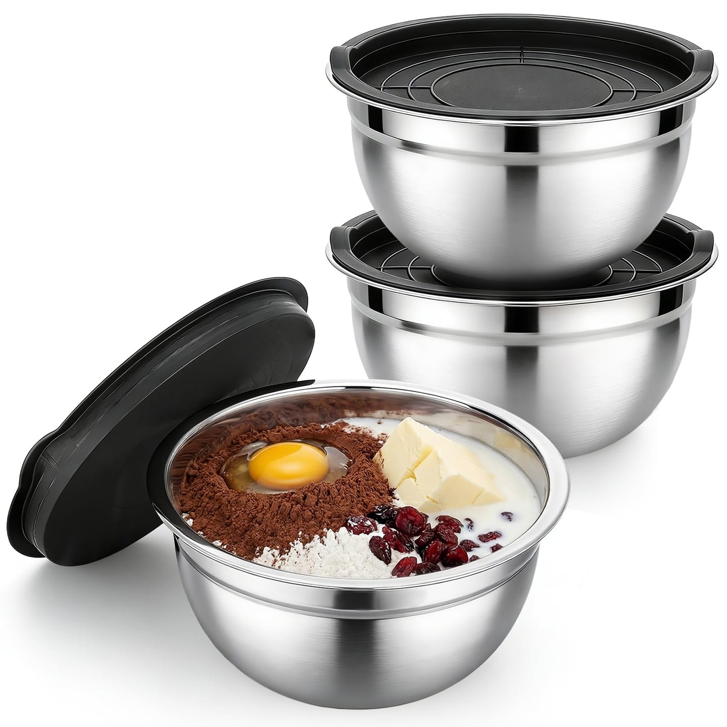 Beasea Mixing Bowls with Lids Set of 3, 1.5 QT Stackable Stainless Steel Mixing Bowls with Black Lids for Baking, Metal Nesting Bowl for Kitchen, Meal Prepping, Cooking and Serving