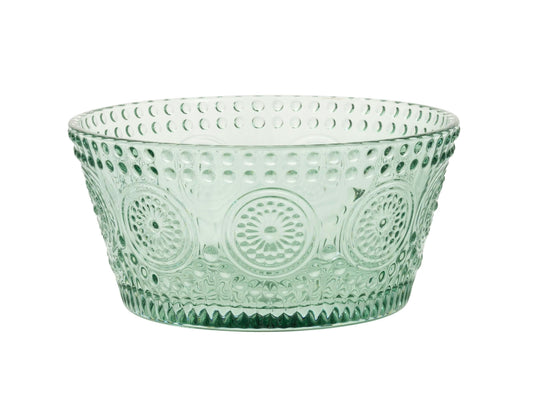 Boston International Vintage-Inspired Glass Serving Bowl with Embossed Floral Pattern for Salad Snacks Dinner, Small 4.75" x 2.25", Sage Green Codi