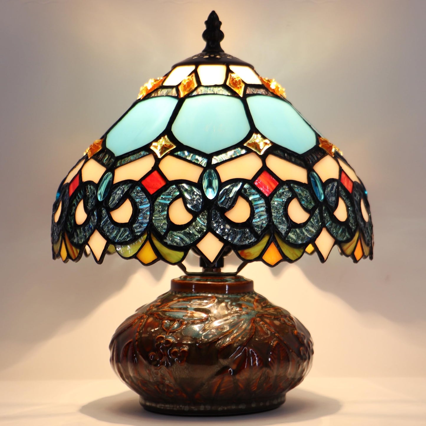 LXHCYOU Small Tiffany Table Lamp, 10X10X11 Inch Mini Stained Glass Mushroom Desk Light Memory Sympathy Ceramic lamp (Sapphire Style)
