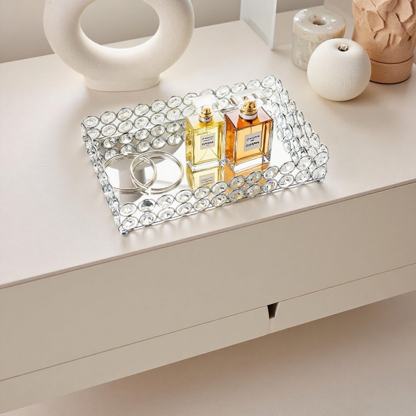 Feyarl Crystal Perfume Tray Cosmetic Makeup Vanity Tray Jewelry Trinket Rings Earrings Organizer Decorative Tray Storage for Home Deco Wedding Dresser Coffee Tabletop Girl Women Gift(10" x 6 "Silver)
