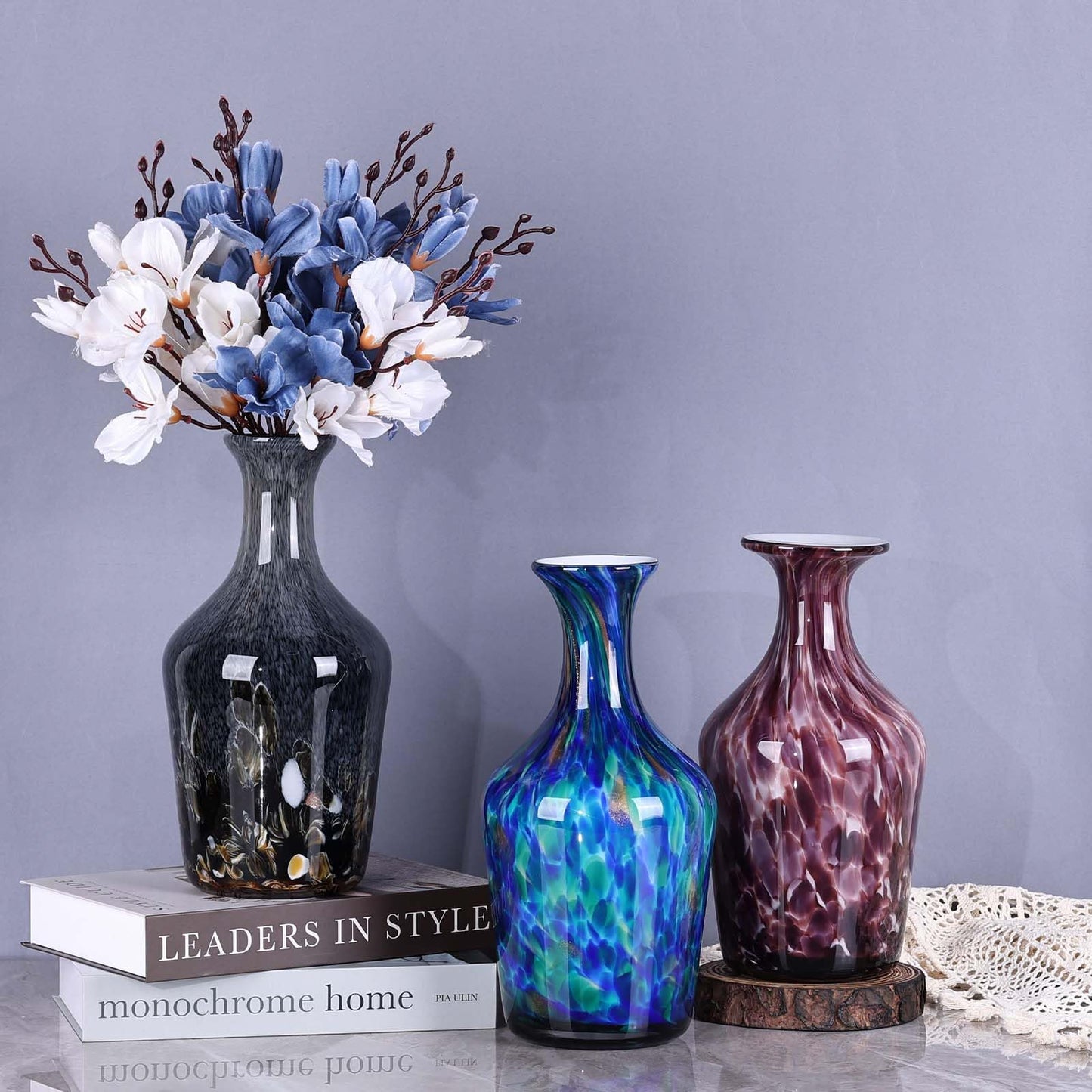 Hand Blown Glass Vase Teal Mosaic (Blue Green Splash) – Murano Inspired Art Glass Vase with Wide Mouth for Flowers, Bubble Vase, Coastal Centerpiece for Dining Room or Living Room (Blue)
