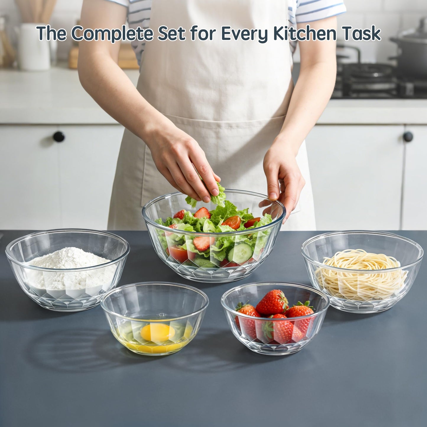 ENVTEK Thick Glass Mixing Bowls with Airtight Lids Set, 5-Piece Nesting Bowls for Baking & Meal Prep, BPA Free, Dishwasher Safe, 0.5/0.8/1.6/2.7/4.4 Quart - Gray