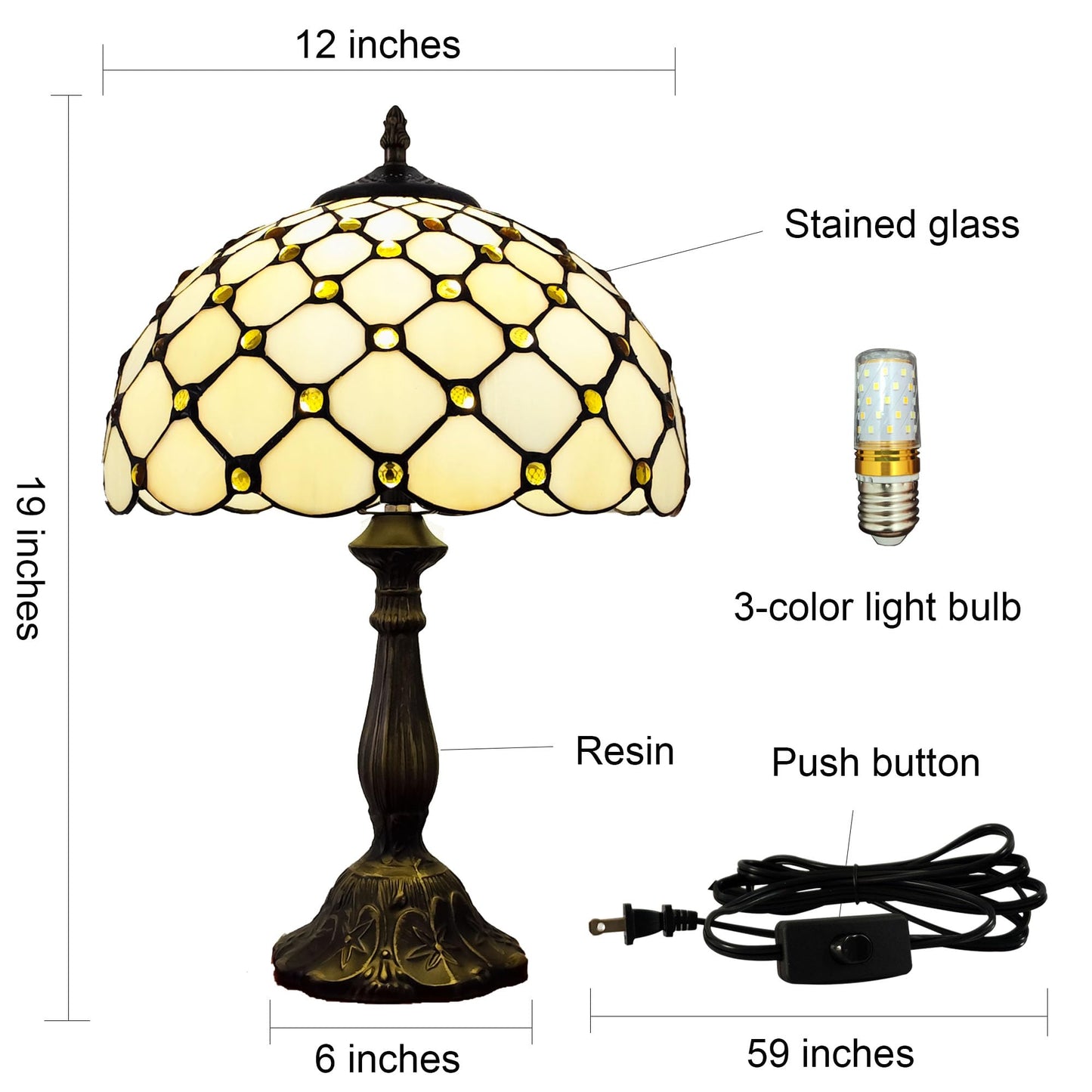 XPHMXP Tiffany Lamp Stained Glass Table Lamp - Antique Bedside Desk Reading Light With 3-Way Color LED - Living Room Nightstand 12X12X19 Inches - Home Office Desk Lamp - Cream White Pearls Style