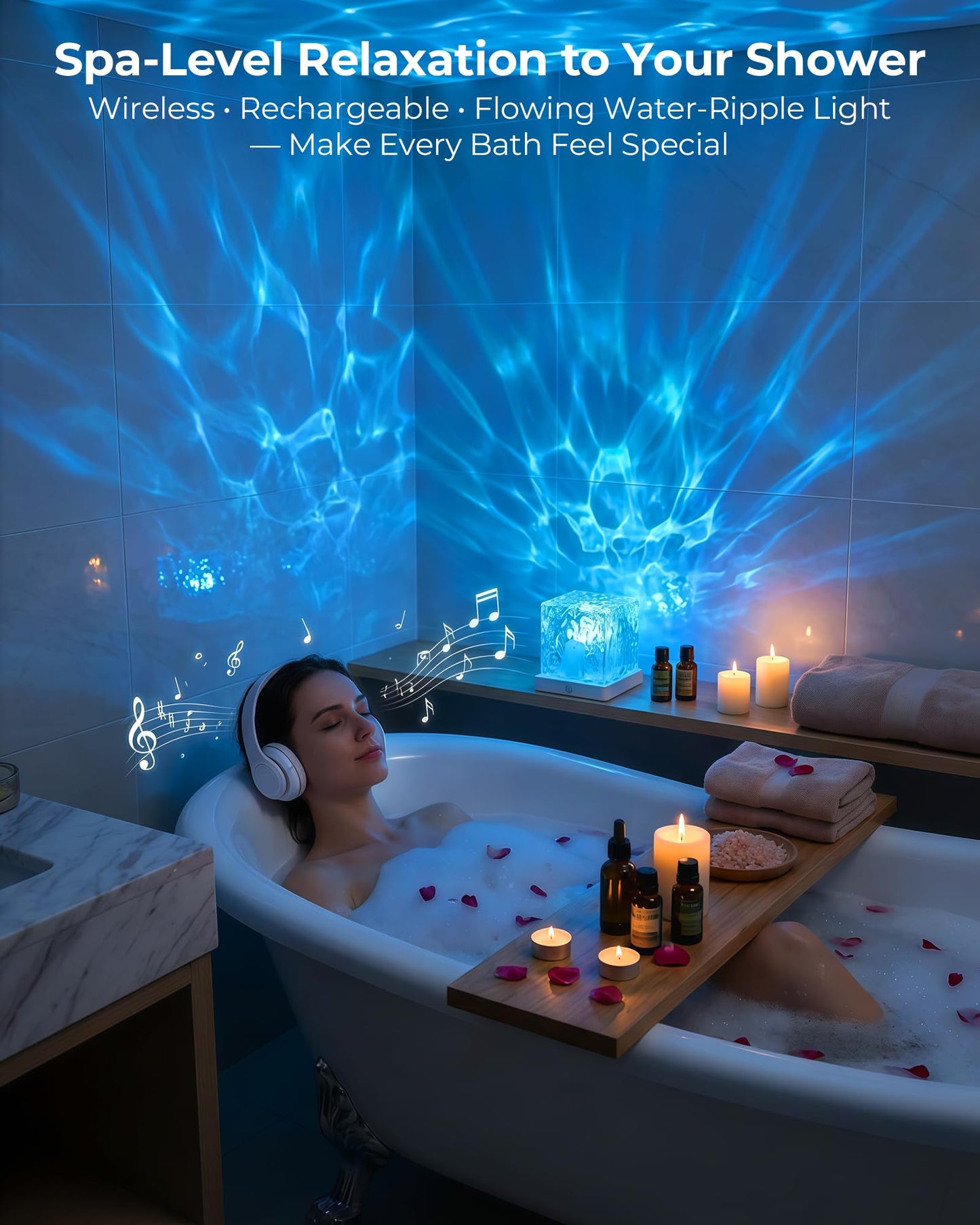 Rechargeable Shower Light No Wiring, 16 Color Changing Ocean Wave Lamp Projector, Waterproof Shower Mood Light Cube with Remote, Bathroom Mood Lighting, Bathtub Lights for Relaxing Spa, Bath, Bedroom