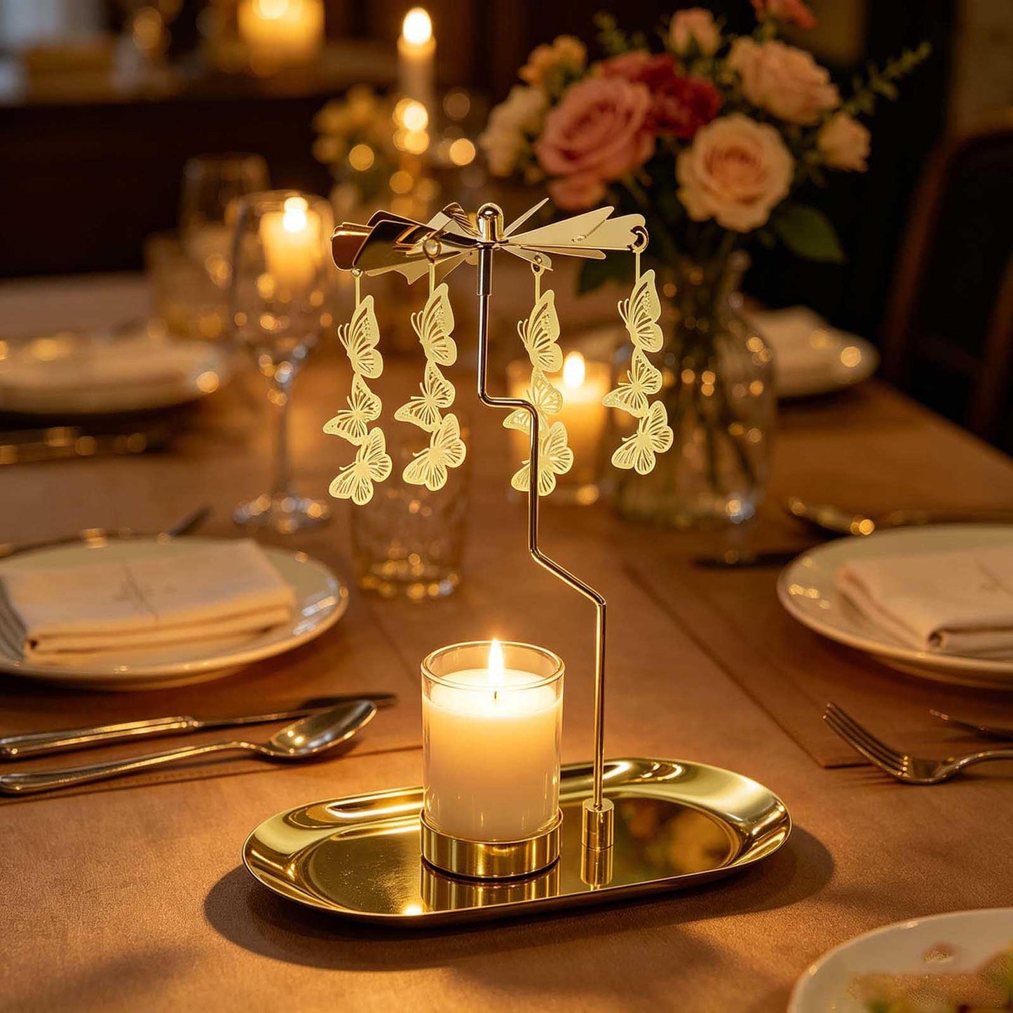 Kingnero Rotary Candle Holder with Tray Spinner Carousel Candle Metal Windmill Tea Light Candlestick for Christmas Valentine's Day Mom Women Wife Children Gift (Gold Butterfly)