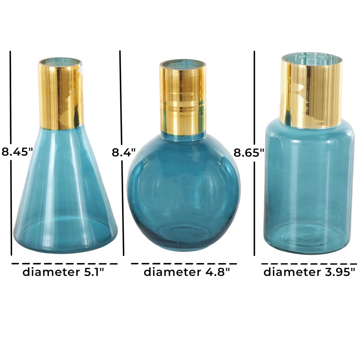 Deco 79 Glass Geometric Tinted Vase with Gold Rim and Varying Shapes, Set of 3 8",9",8" H, Blue
