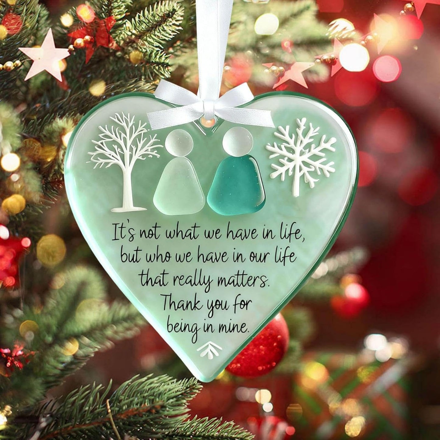 Friendship Snowflake Keepsake Ornament, Sea Glass Friendship Decor, Christmas Tree Seaglass Heart-Shaped Hanging Decorations for Best Friends, Friendsgiving Gifts for Bestie(2pcs A)
