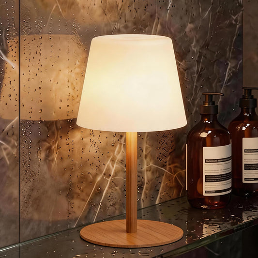 IP65 Shower Lamp Waterproof, Wood Grain Rechargeable Cordless Bathroom Table Lamp with 4000mAh Battery, 3 Color Temperatures Stepless Dimming, Portable LED Nightlight for Zen Decor, Home Spa & Bathtub