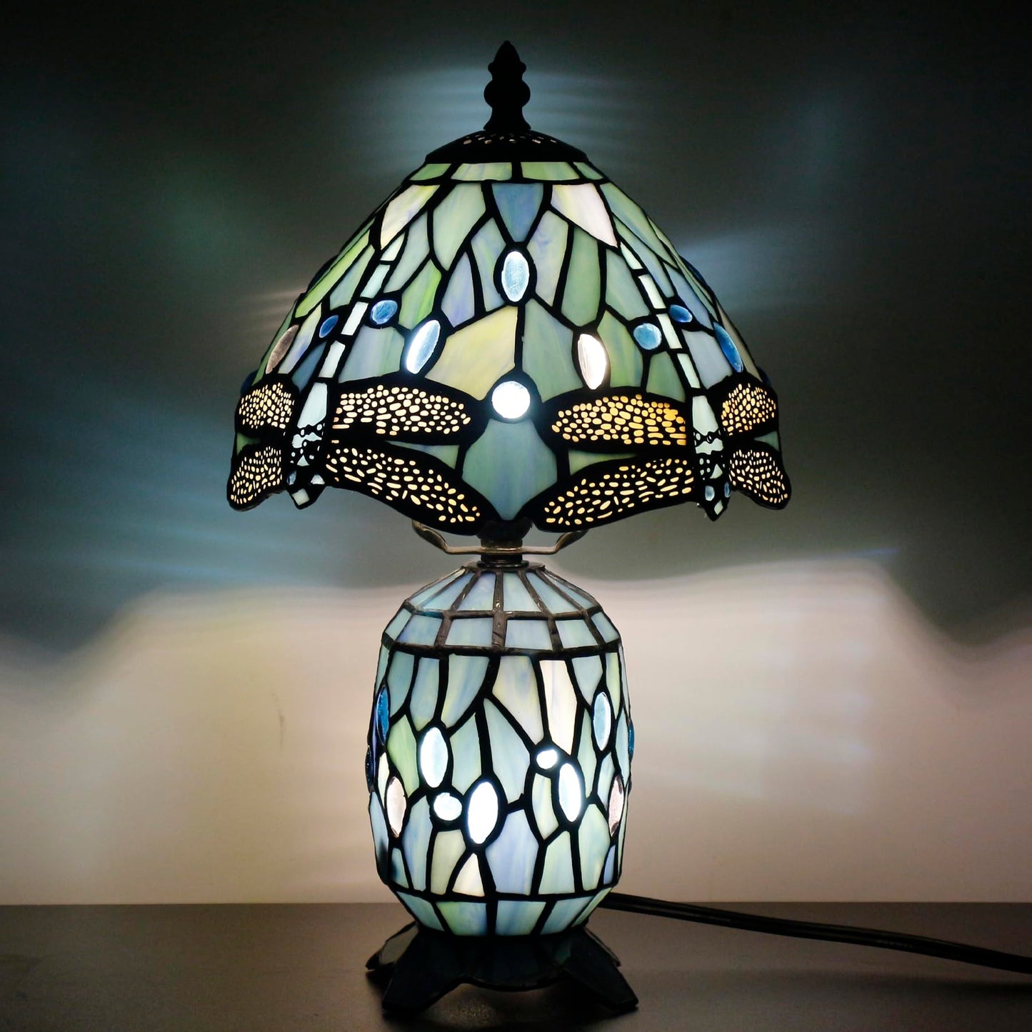 TCODTPOL Tiffany Stained Glass Table Lamp 8X14 Inches (Sea Blue Dragonfly)
