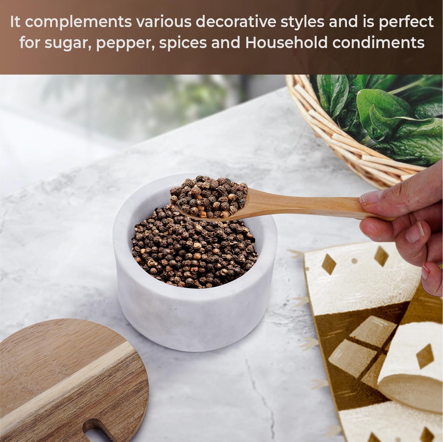 ZENTORIQ A salt cellar with a wooden lid and spoon,Elegant Kitchen Salt Container for Storage Pepper Spice Bath Salt Sea Salt