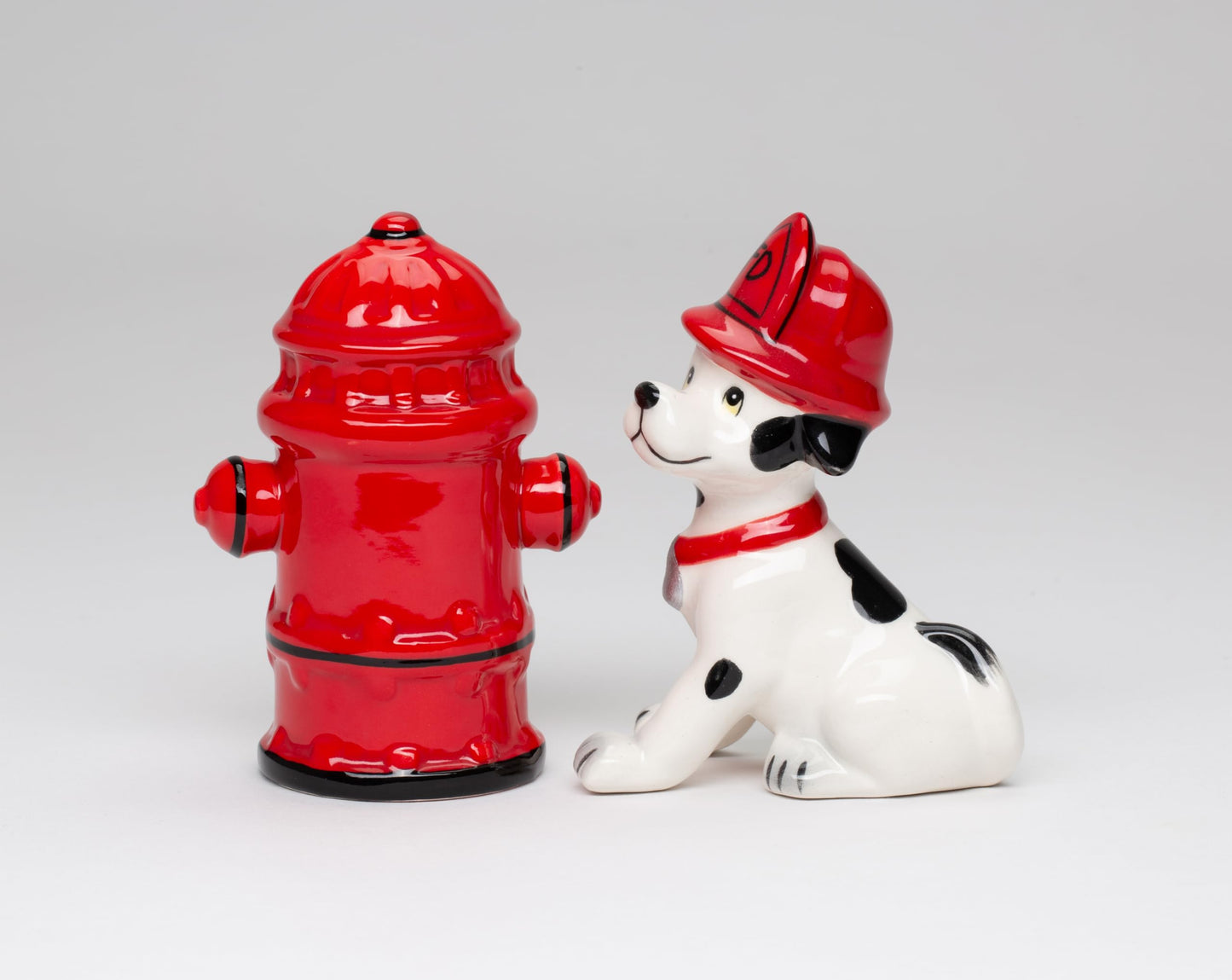 Cosmos Gifts 50158 Fine Ceramic Red Fire Hydrant and Dalmatian Firefighter Puppy Dog Salt and Pepper Shakers, 4" H