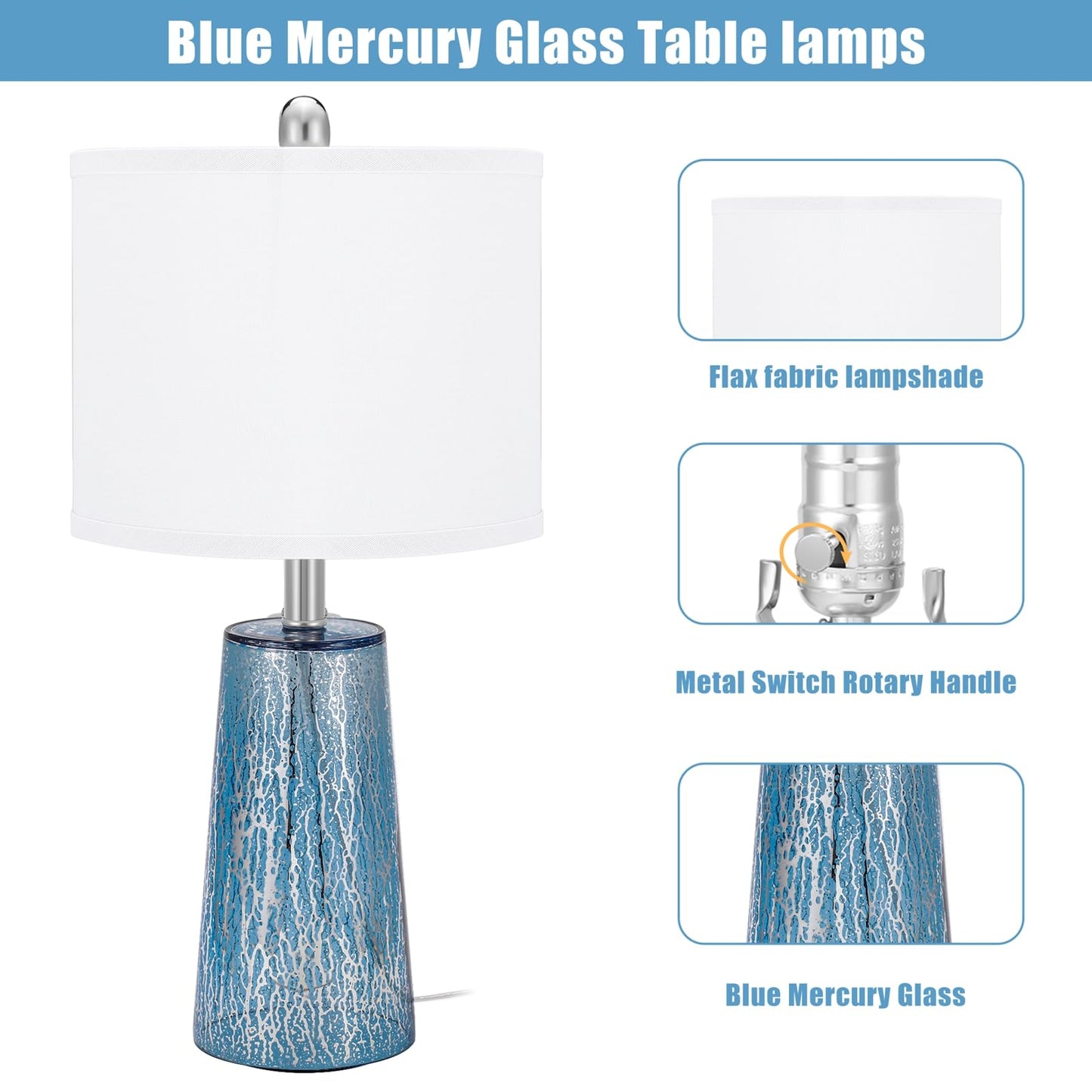 TPAMSWO Modern Coastal Table Lamps 23” High Blue Silver Hand-Applied Mercury Tapered Column Glass Bedside Lamps, for Bedroom Living Room Home Nightstand Table Lamp (Pattern May Vary Slightly)
