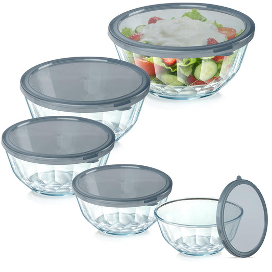 ENVTEK Thick Glass Mixing Bowls with Airtight Lids Set, 5-Piece Nesting Bowls for Baking & Meal Prep, BPA Free, Dishwasher Safe, 0.5/0.8/1.6/2.7/4.4 Quart - Gray