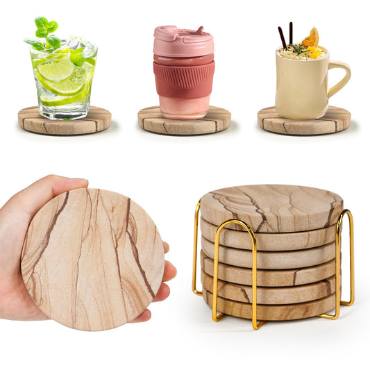 Almagic Natural Sandstone Coasters Set of 6 with Holder, 4 in Dia, Round, Heat Resistant & Absorbent, for Home & Office