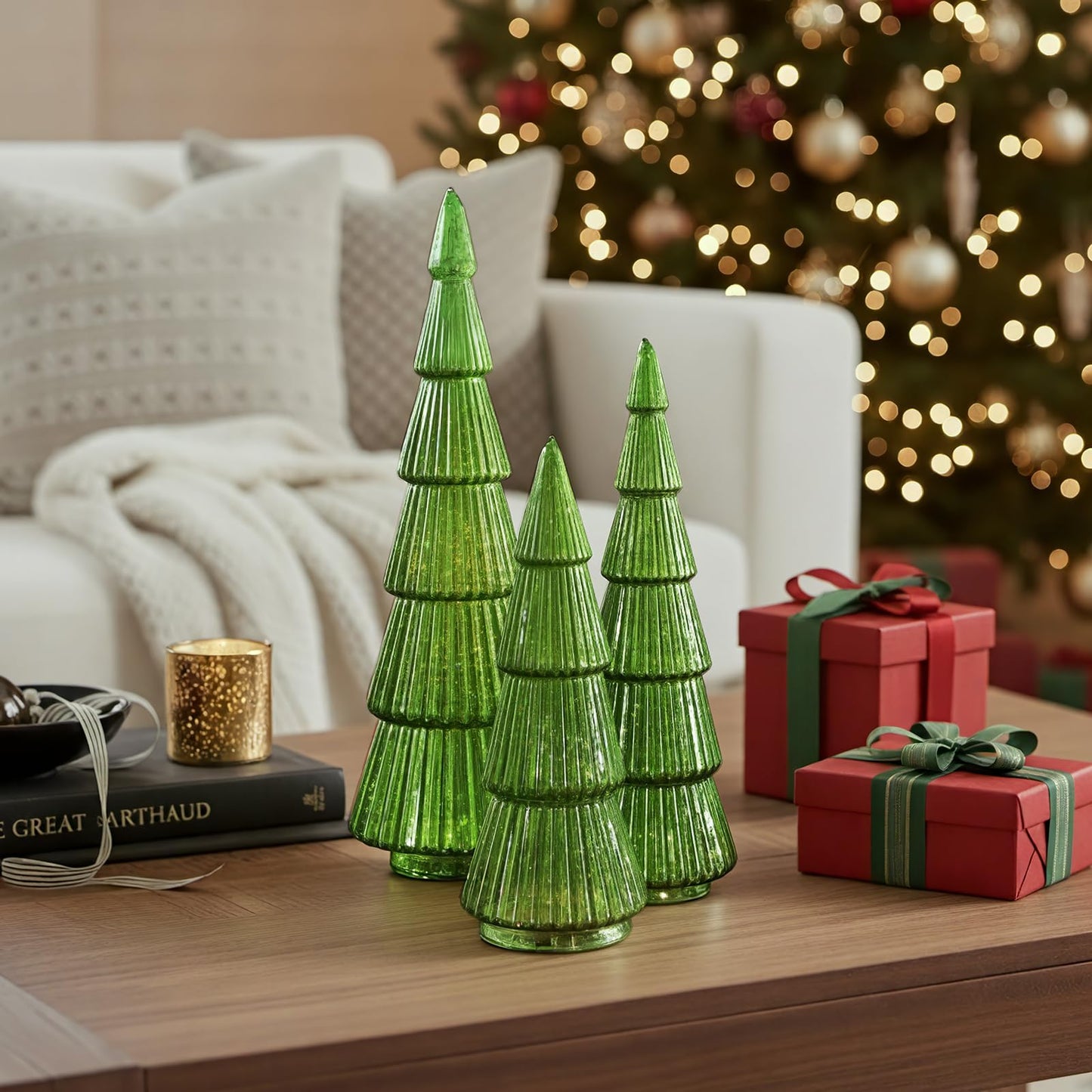 Pawliss Glass Christmas Tree Figures: 3pcs Green Artificial Glass Tree Tabletop Centerpiece Figurines, Crystal Finish Tree Table Ornaments, Classic Gifts for Winter Christmas Decorations for The Home