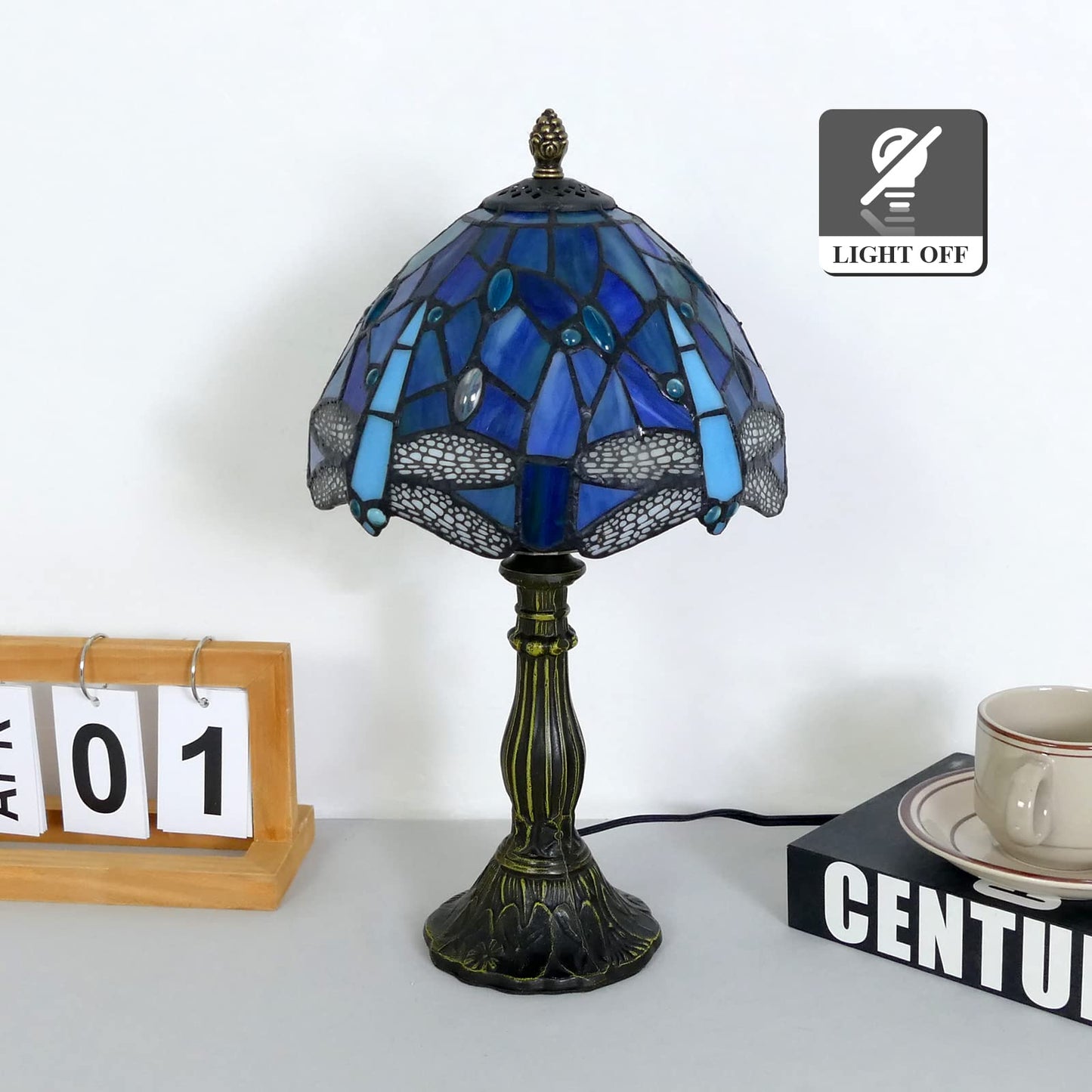 VirtueKing Tiffany Lamp Sea Blue Stained Glass Table Lamp 8X8X15 Inches Dragonfly Style Desk Reading Light Decor Beside Table Lamp for Bedroom Living Room Home Office