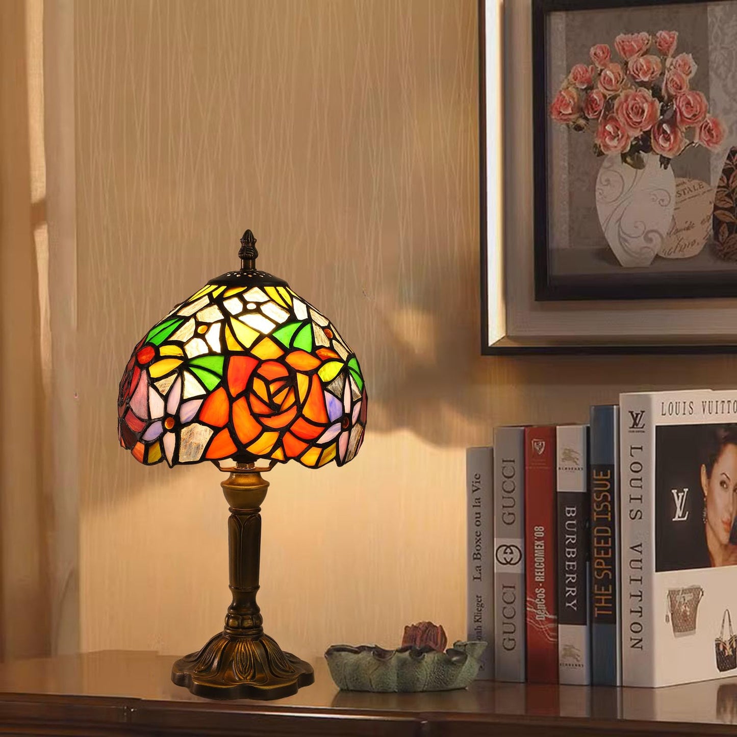 FUMAT Rose Tiffany Small Table Lamp 3 Way Color Temperatures Stained Glass Bedside Nightstand Table Lamps for Living Room,Bedroom, Home Office Reading Desk Lamp+LED Bulb,8X8X15 Inch