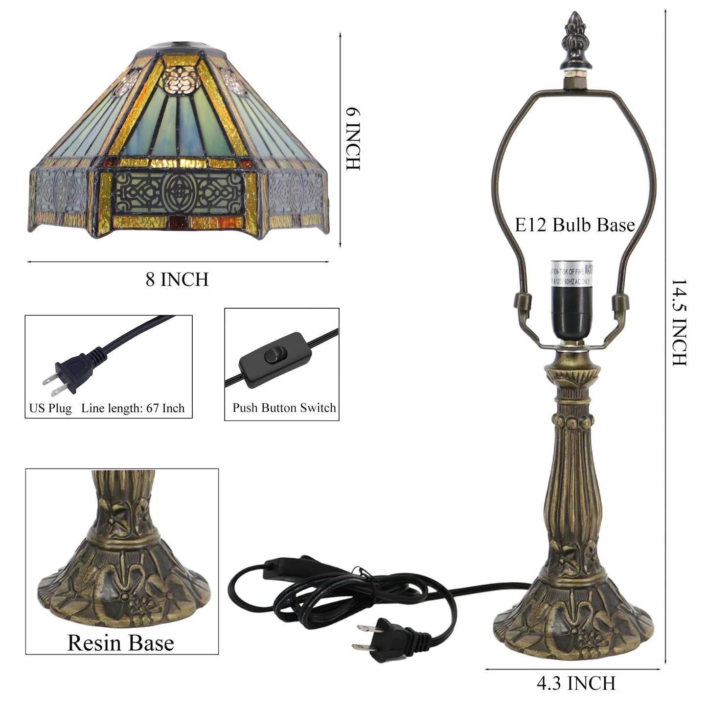 HZYFFYU Small Stained Glass Table Lamp Mini Stained Glass Lamp Memory Sympathy Desk Reading Light 8X14 Inch (Hexagon Mission Style)