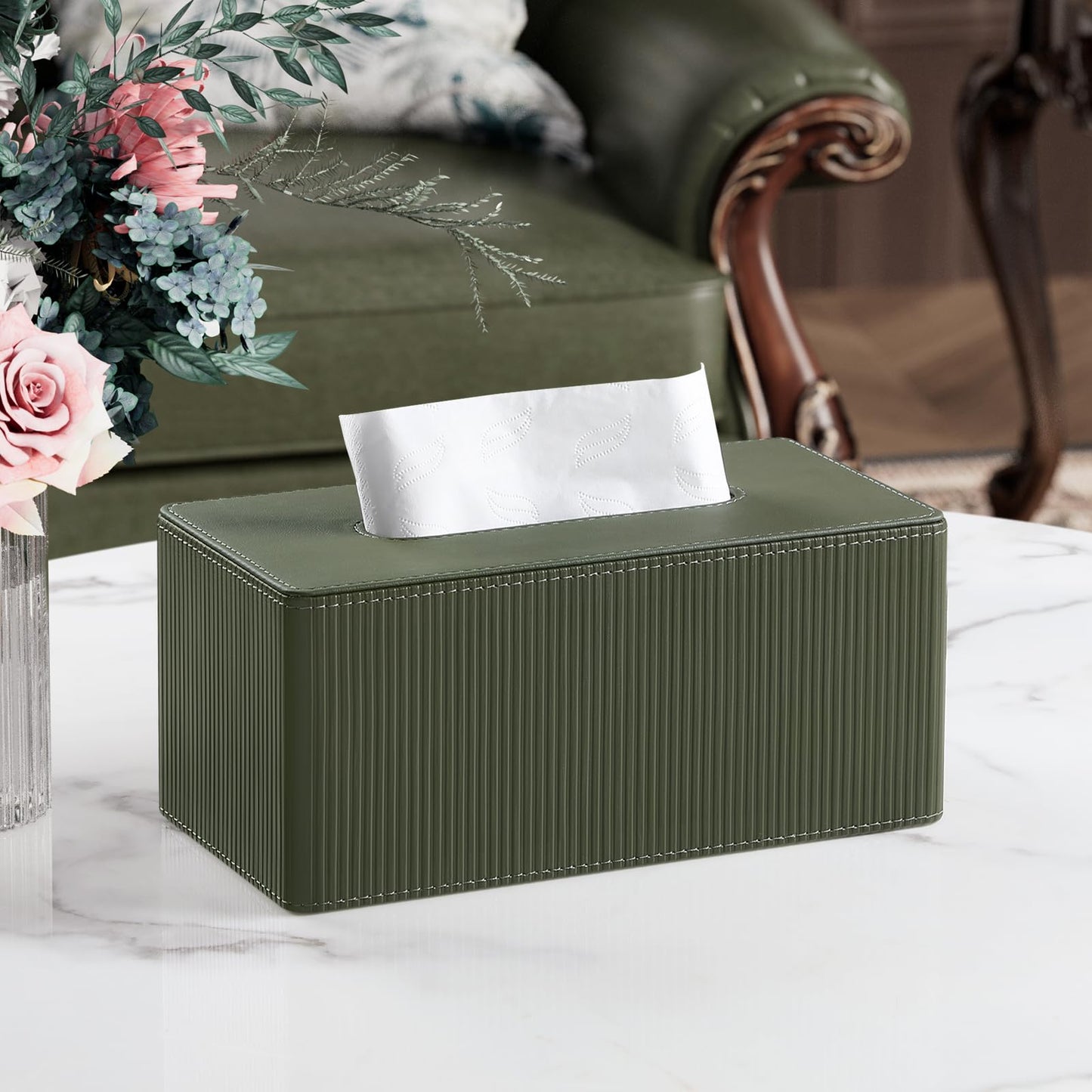 Cretkhp PU Leather Tissue Box Cover Rectangle with Magnetic Closure, Modern Tissue Box Holder for Bathroom NightStands Livingroom, Decorative Tissue Holder for 120(3-Ply)/160(2-Ply) Tissue Box (Green)