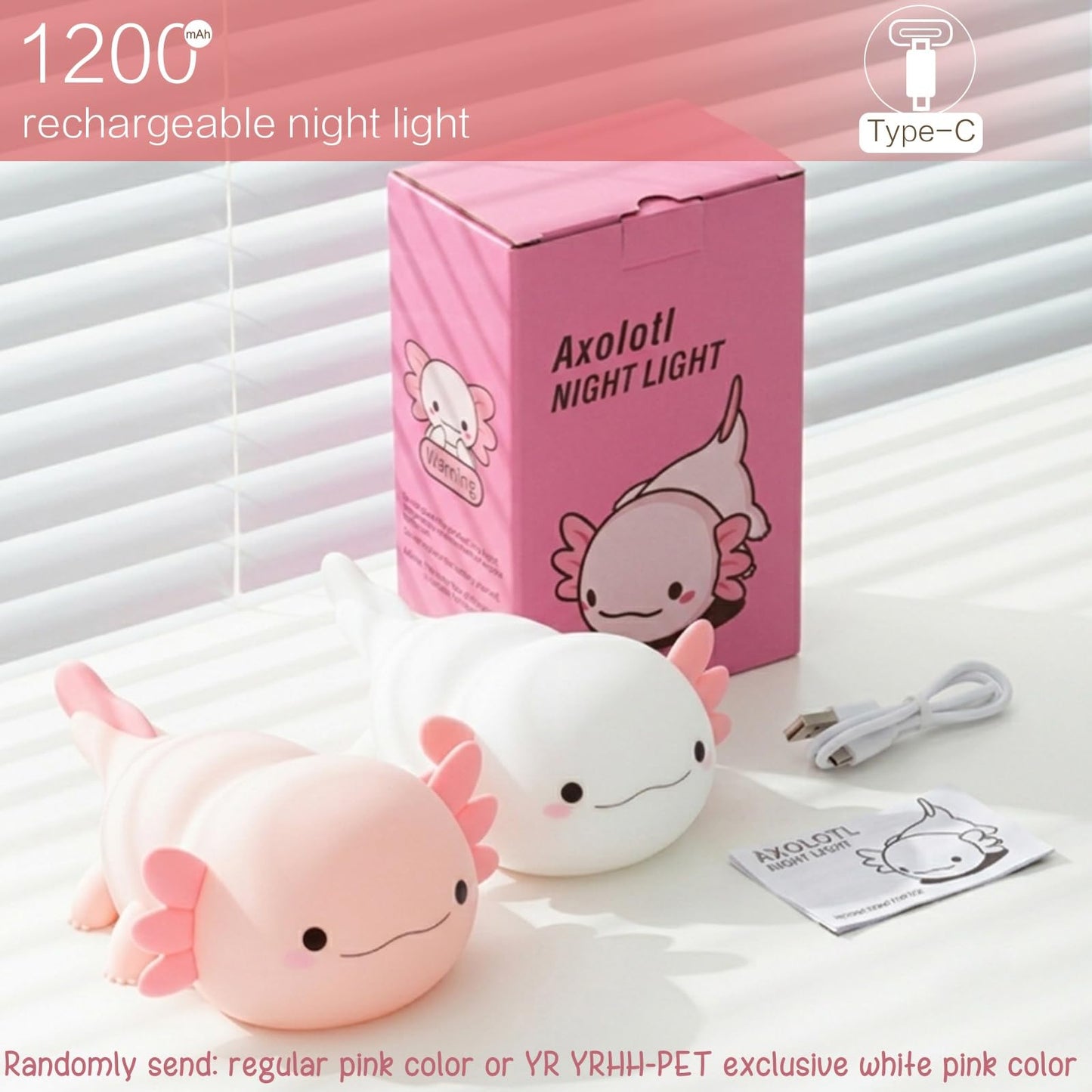 YR YRHH-PET Axolotl Lamp Kid Cute Night Light, Rechargeable Squishy Axolotl Gifts for Girls, Baby Touch Nightlight, Dimmable Silicone LED Animal Toys, Bedside Pink Lamp, College Nursery Kawaii Décor