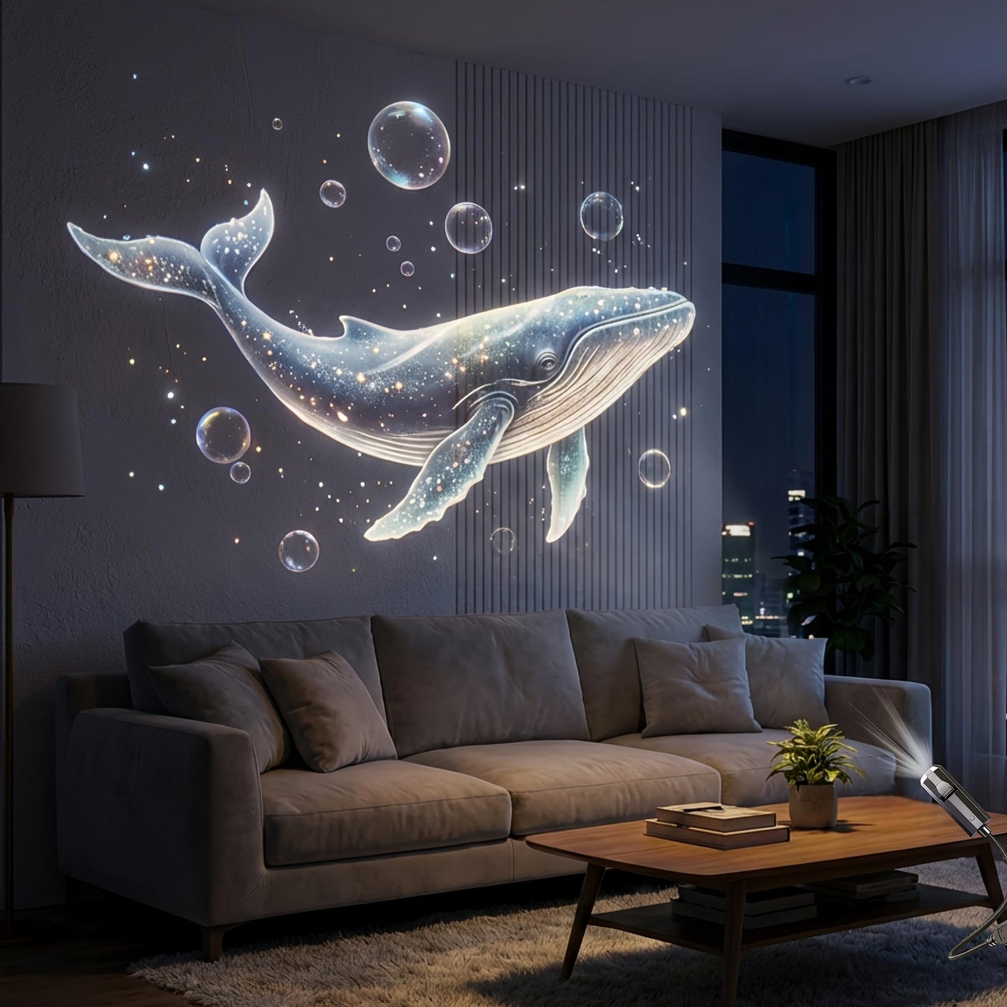 Ocean projection light with 8 interchangeable marine life light panels (whale, jellyfish, sea turtle), USB powered, 360° rotating, creating an immersive underwater world; a creative decorative gift.