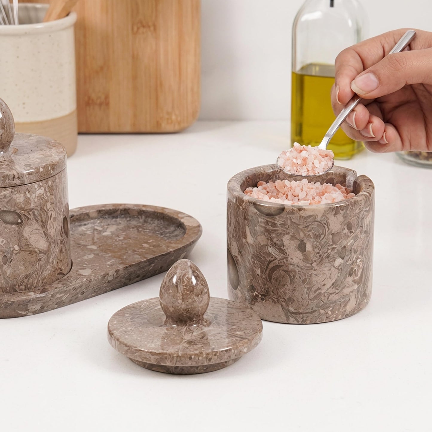 Marble Salt Cellar with Lid and tray 4 Inch Oceanic Handmade Salt Container, Set of 2 Seasoning Jars, Spice Storage Containers for Kitchen Countertop, Sugar Bowl