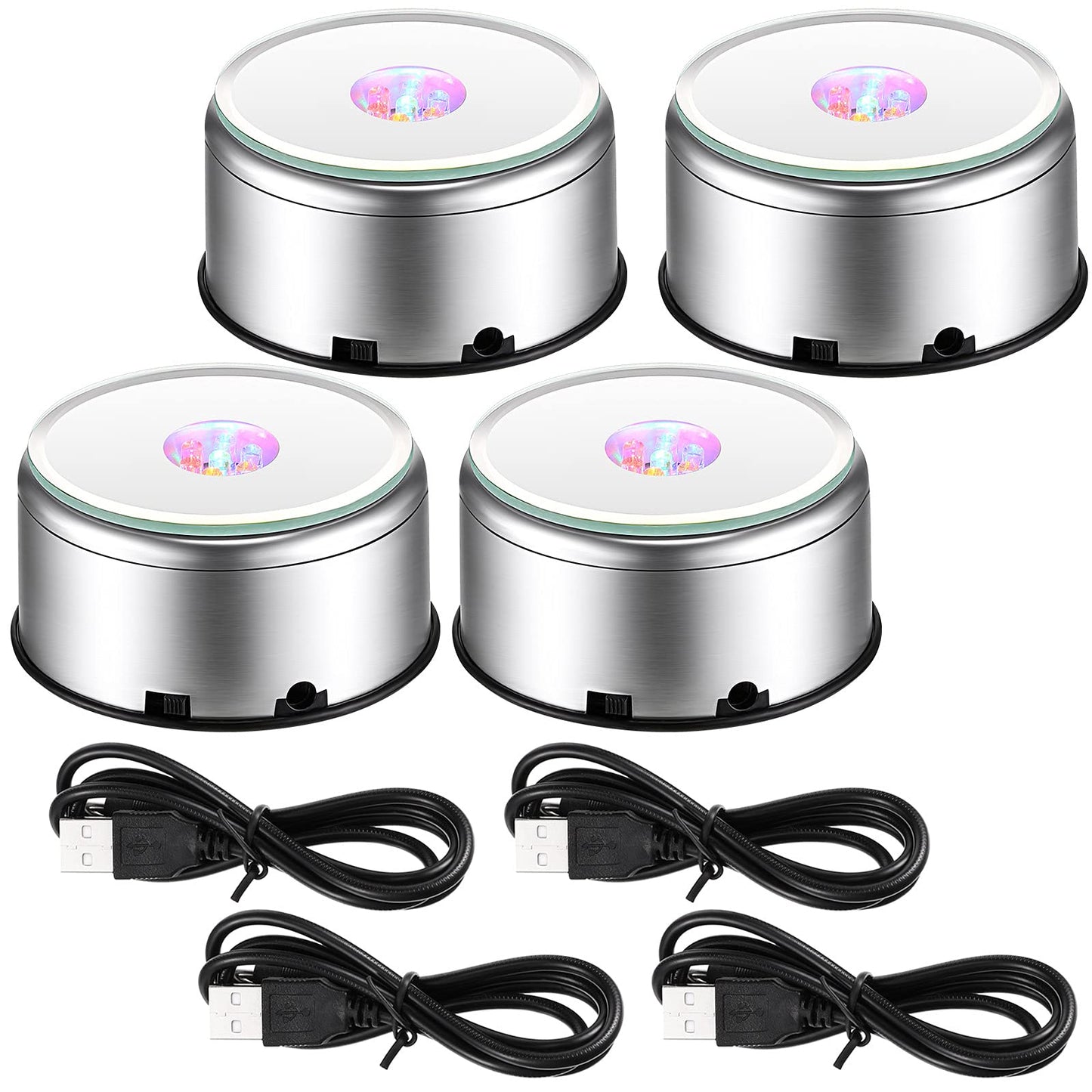 Jetec 4 Pcs 7 LED Light Base Rotating Display Stand Turner Colorful Rotating Crystal Display Base 360 Degree Display Spinner with USB Cable for Glass Art Crystals Jewelry Craft