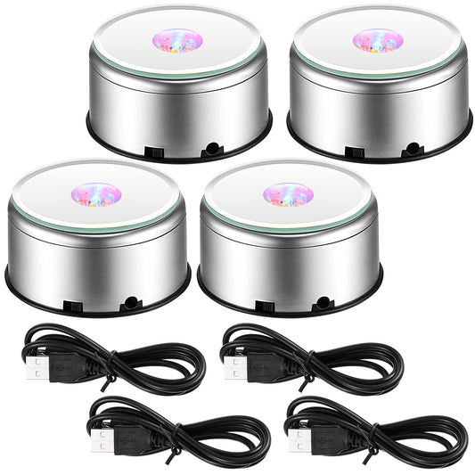 Jetec 4 Pcs 7 LED Light Base Rotating Display Stand Turner Colorful Rotating Crystal Display Base 360 Degree Display Spinner with USB Cable for Glass Art Crystals Jewelry Craft