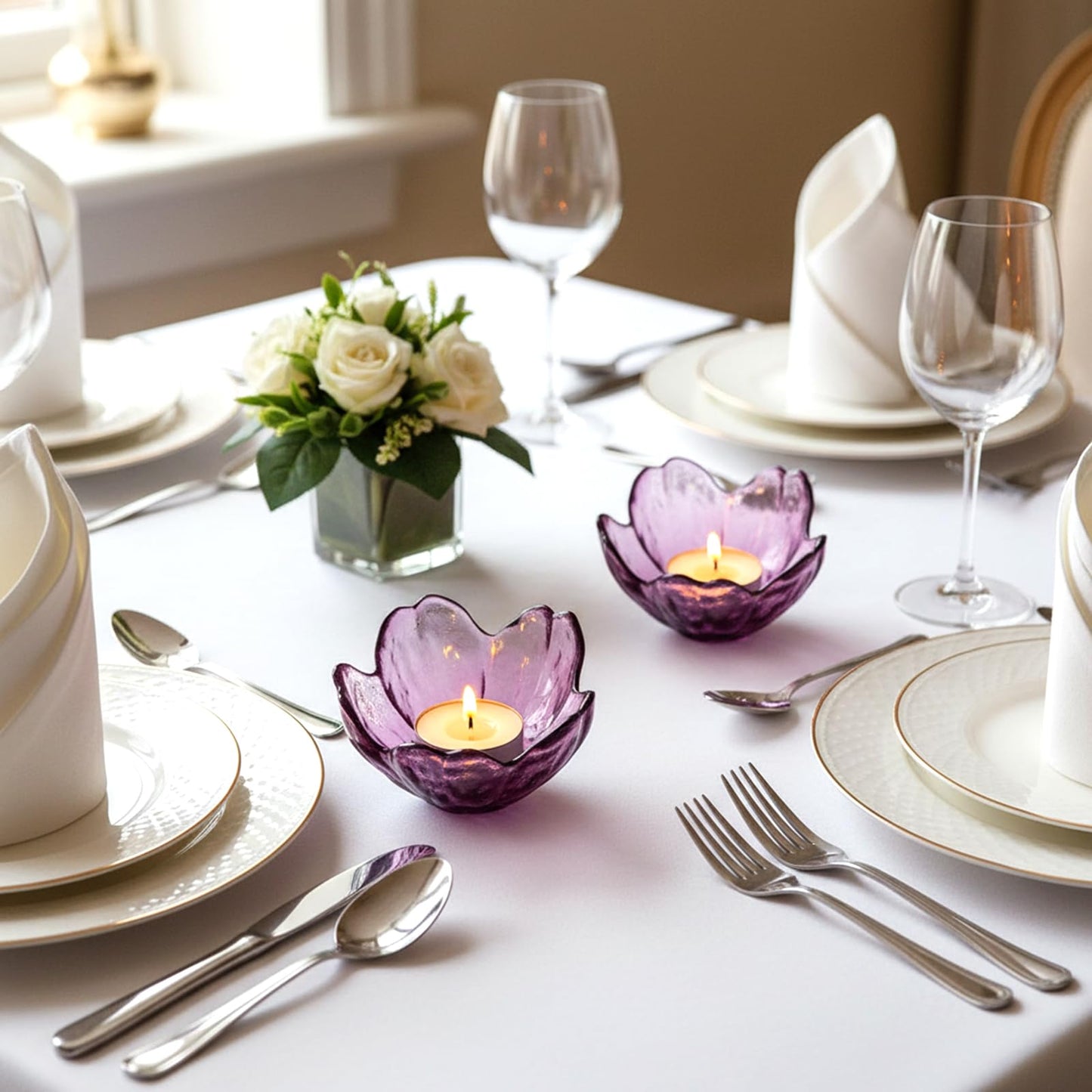 BIHOIB Glass Flower Tealight Candle Holders, Crystal Purple Pillar Candlestick Holders for Table Centerpieces, Wedding and Dinner Party (2, Crystal Purple)