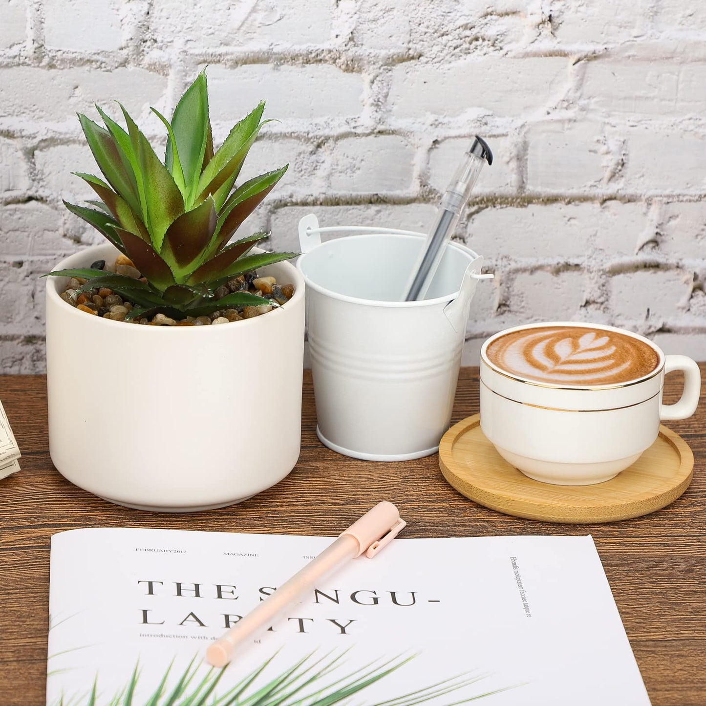 Hopewood Cute Indoor Decor Plants, Artificial Succulent Plants in Ceramic Pots with Bamboo Tray, Faux Potted Plants