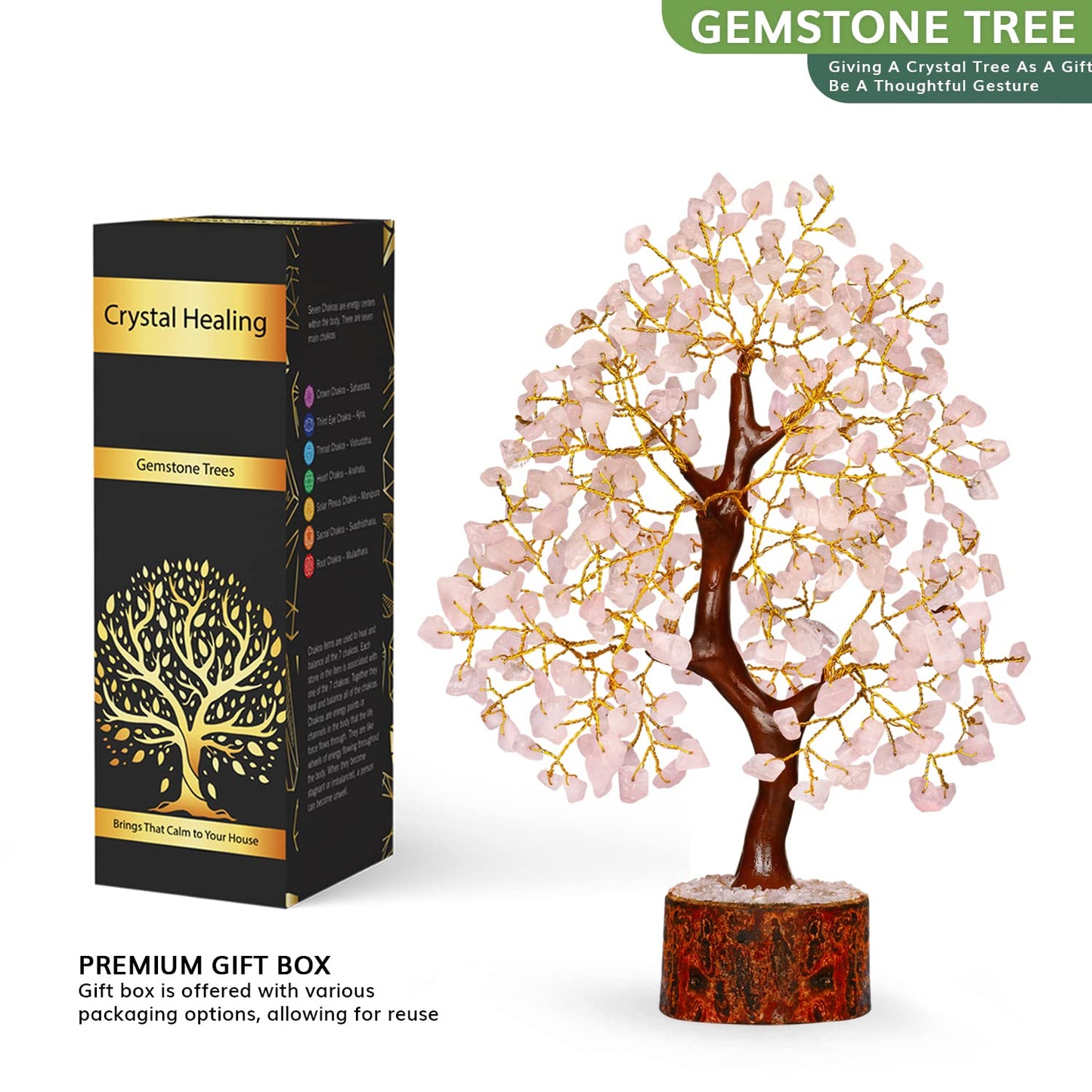 NARIBABU Rose Quartz Crystal Tree with Golden Wire – 10-12 Inch Gemstone Tree on Wooden Base – Gifts for Her, Crystal Decor, Spiritual Gift, Birthday Gift for Women, Healing Trees for Home