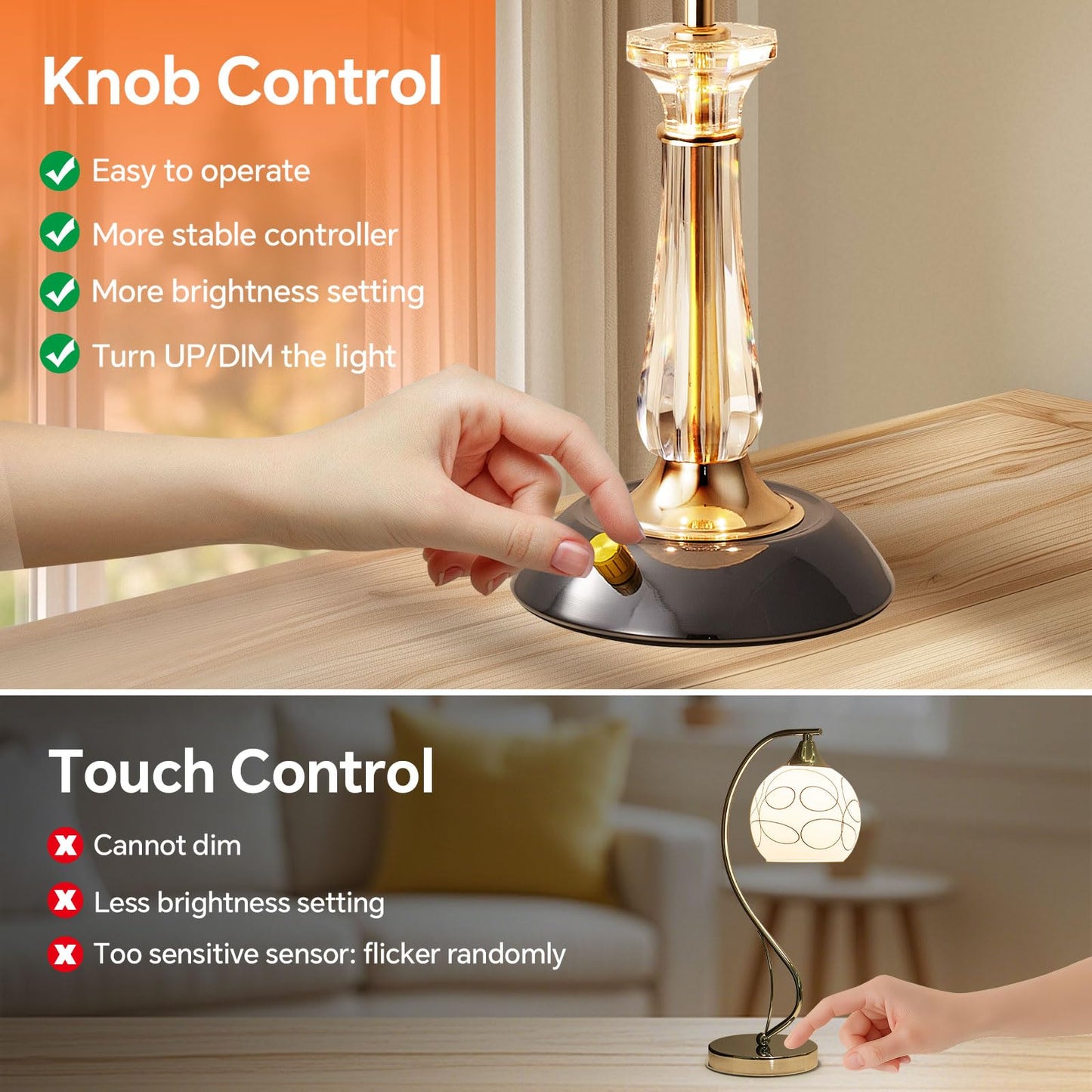 Flashine Crystal Table Lamp,Dimmable Bedside Lamp with ON/Off Switch Modern Glass Lamps for Night Stands Bedroom Living Room Decor (1PACK)