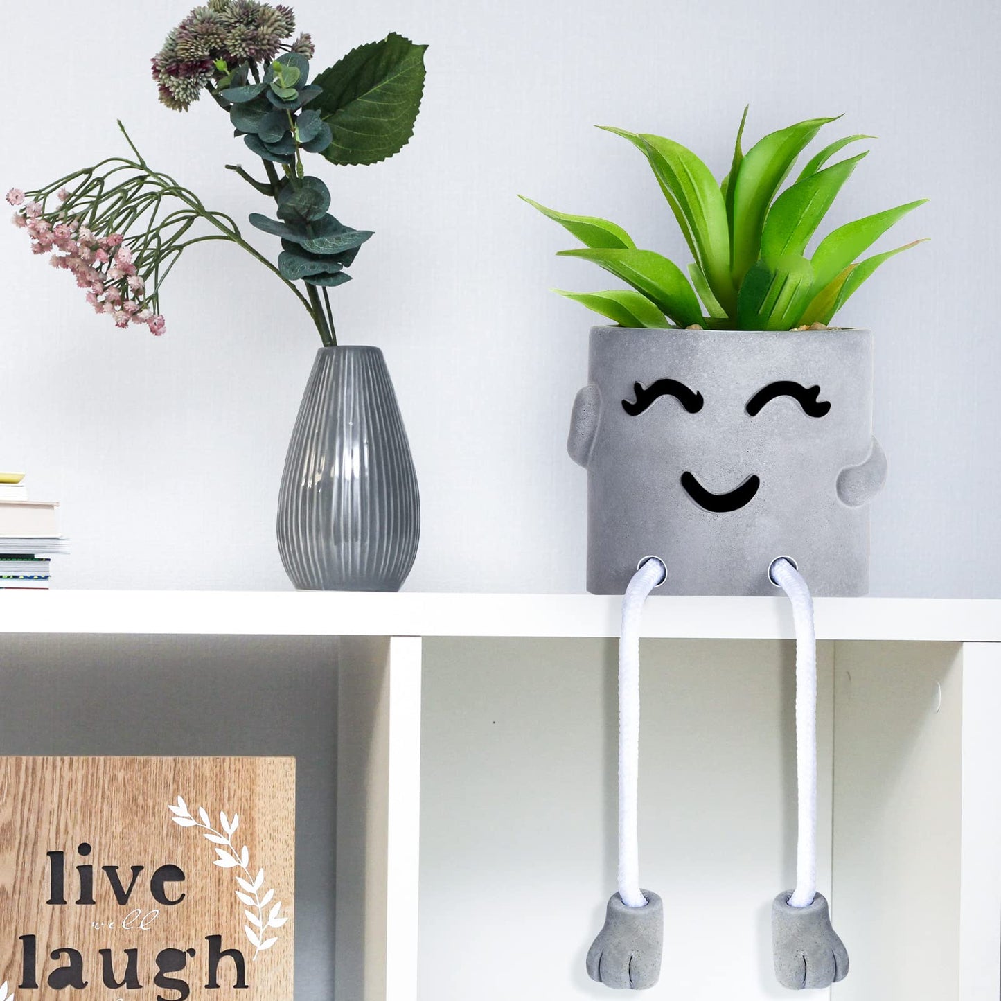 Artificial Potted Plant Faux Succulent Plant Cubicle Decor Cute Fake Desktop Plant Hanging Leg Cement Potted Decor for Bookshelf Bedroom Living Room Office Decor (Simple Style,2 Pcs)