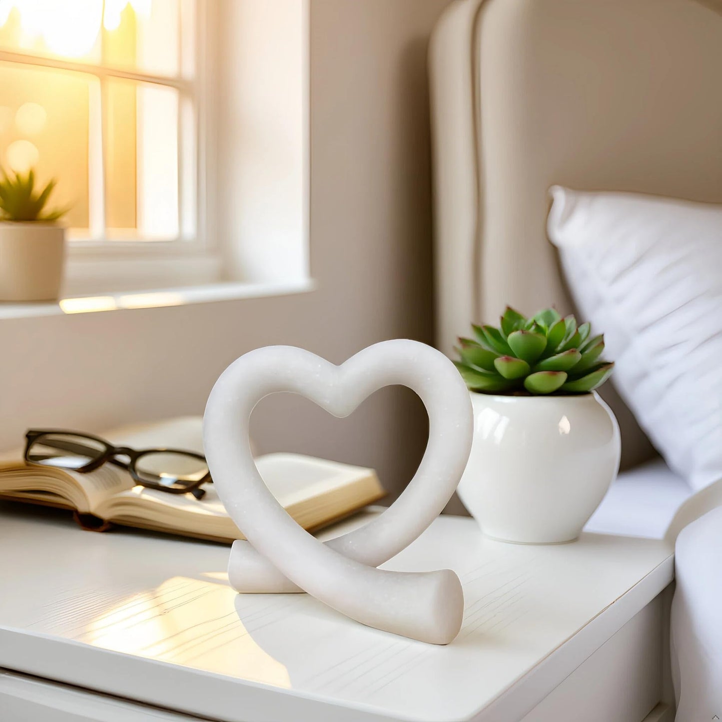Lescafita Imitation Marble White Heart Decor Sculpture, Elegant Love Heart Statue Minimalist Modern Home Decor for Living Room Shelf Desk Coffee Table, Wedding Gift