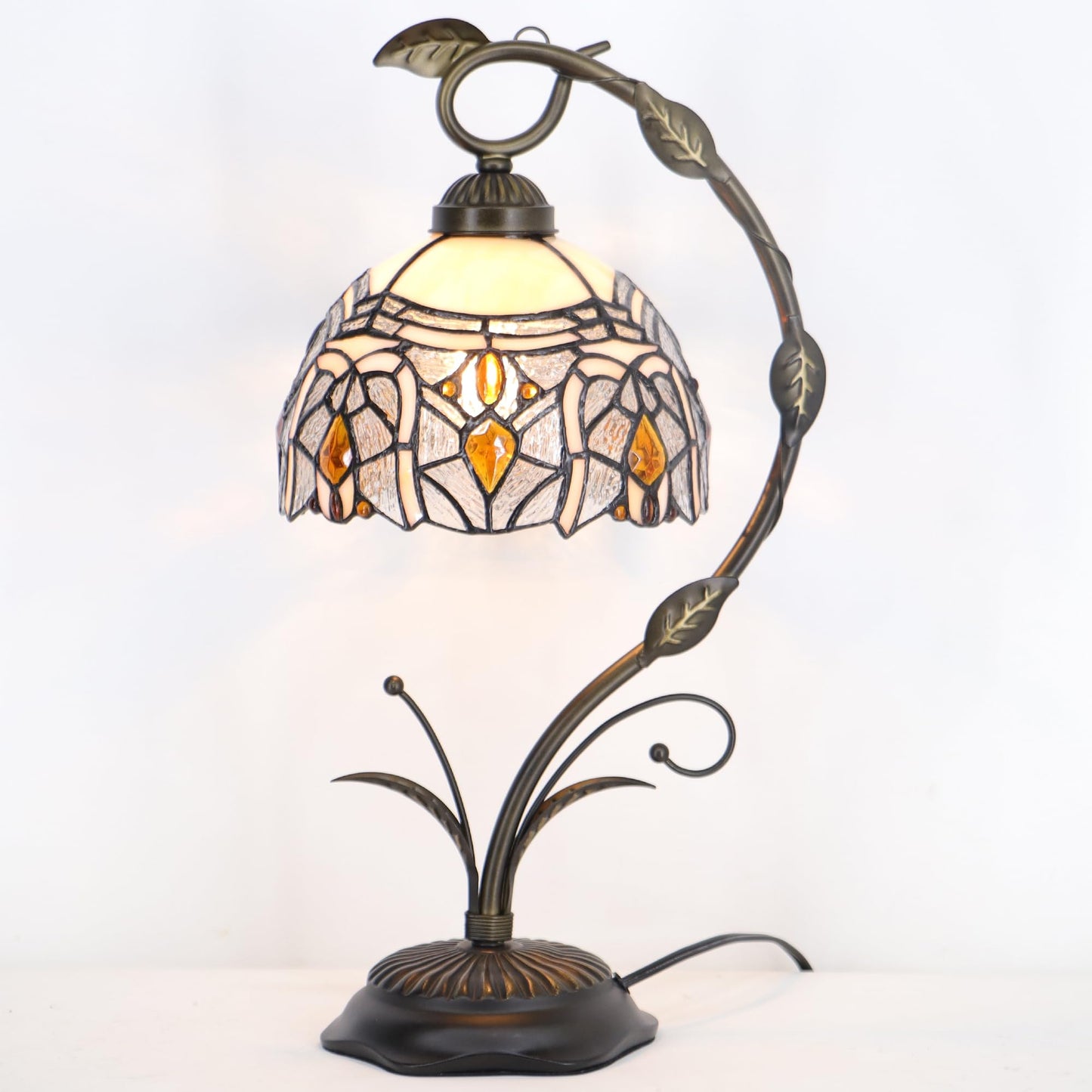 HZYFFYU Tiffany Lamp Stained Glass Table Lamp Metal Leaf Base 8X10X19 Inch Reading Desk Light (Crystal Style)