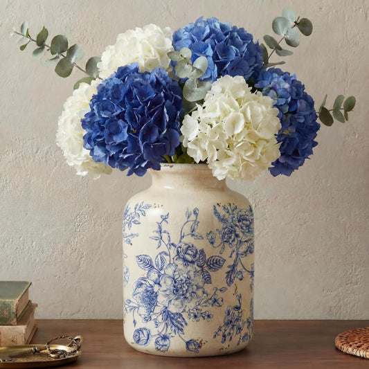 Ferrochef Blue Vintage Floral Vase Retro Rustic Chinoiserie Floral Vase Ice Cracked Ceramic Large Holder for Home Decor Bookshelf Office Living Room Chinoiserie Decors