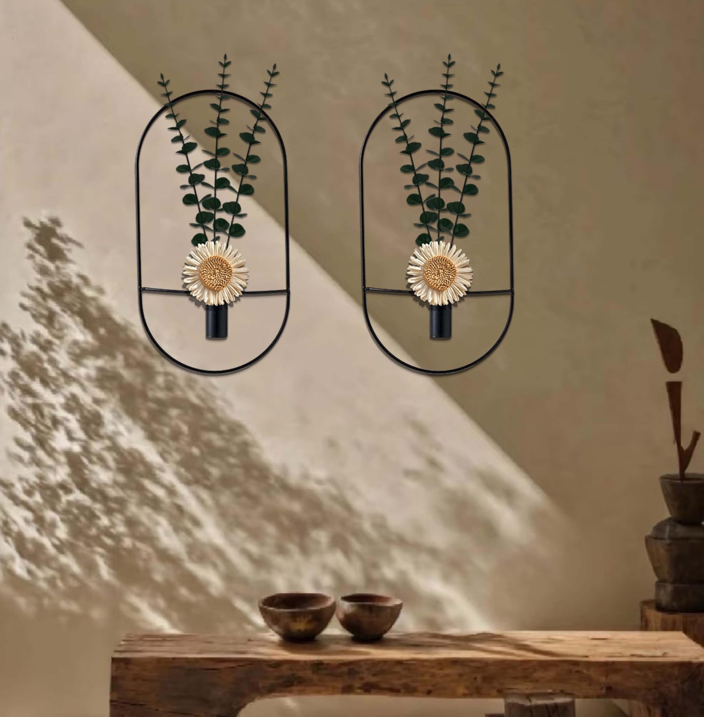 2 Pack Black Metal Wall Hanging Vase with Artificial Plants, Metal Plants Decor for Living Room, Bedroom, Bathroom, Dining Room, Fake Faux Plant Display