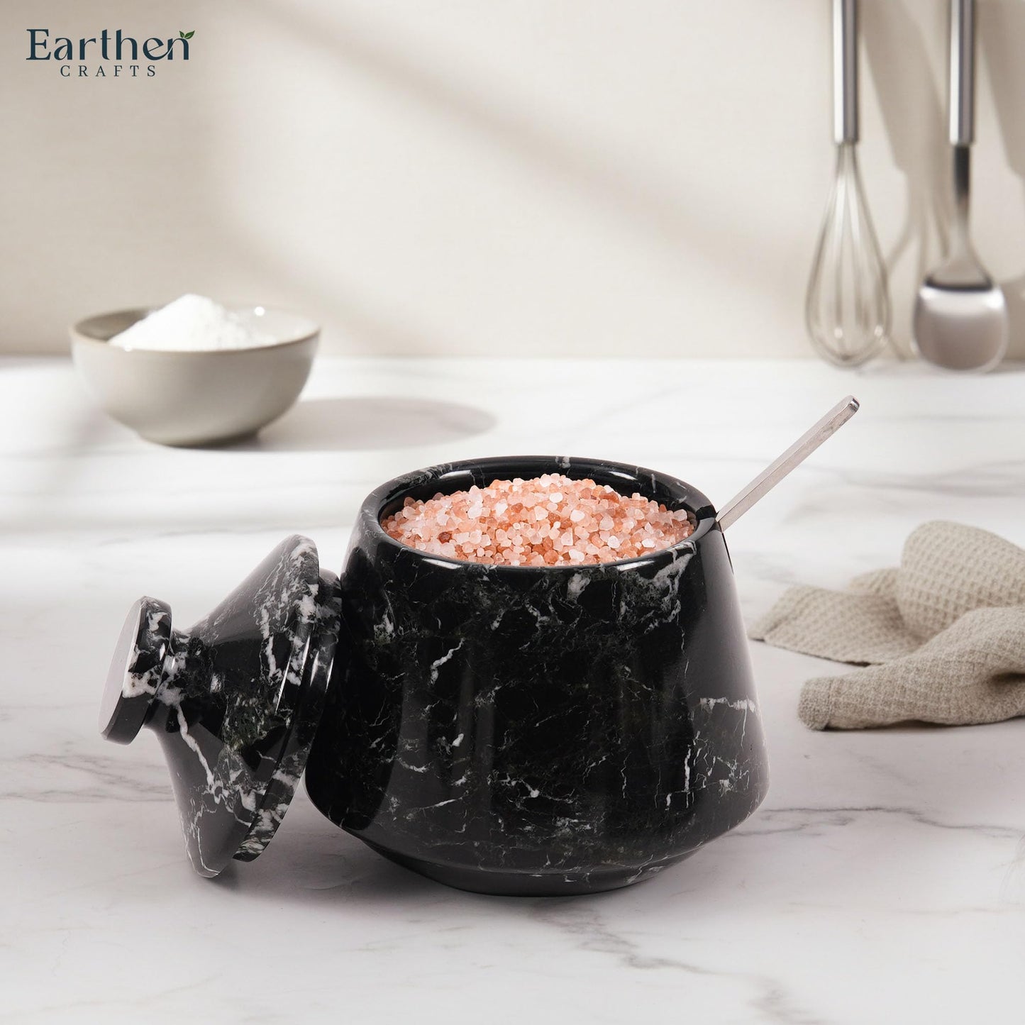 EARTHEN CRAFTS Marble Salt Cellar With Lid & Spoon Black 4" Inch Handmade Salt Holder Stone Salt Storage Seasoning Container, Sugar Bowl, Salt Dish, Salt Box & Spice Jar for Kitchen Countertop