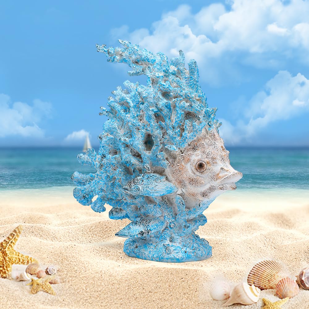 SUYNYBHF Coral Fish Figurines Beach Coastal Coral Reef Decor 9.6-inch Resin Statue Angel Fish Home Office Desktop Sculpture Bathroom Decoration Mom Gift Ornament Gift(White) (White Coral Fish)