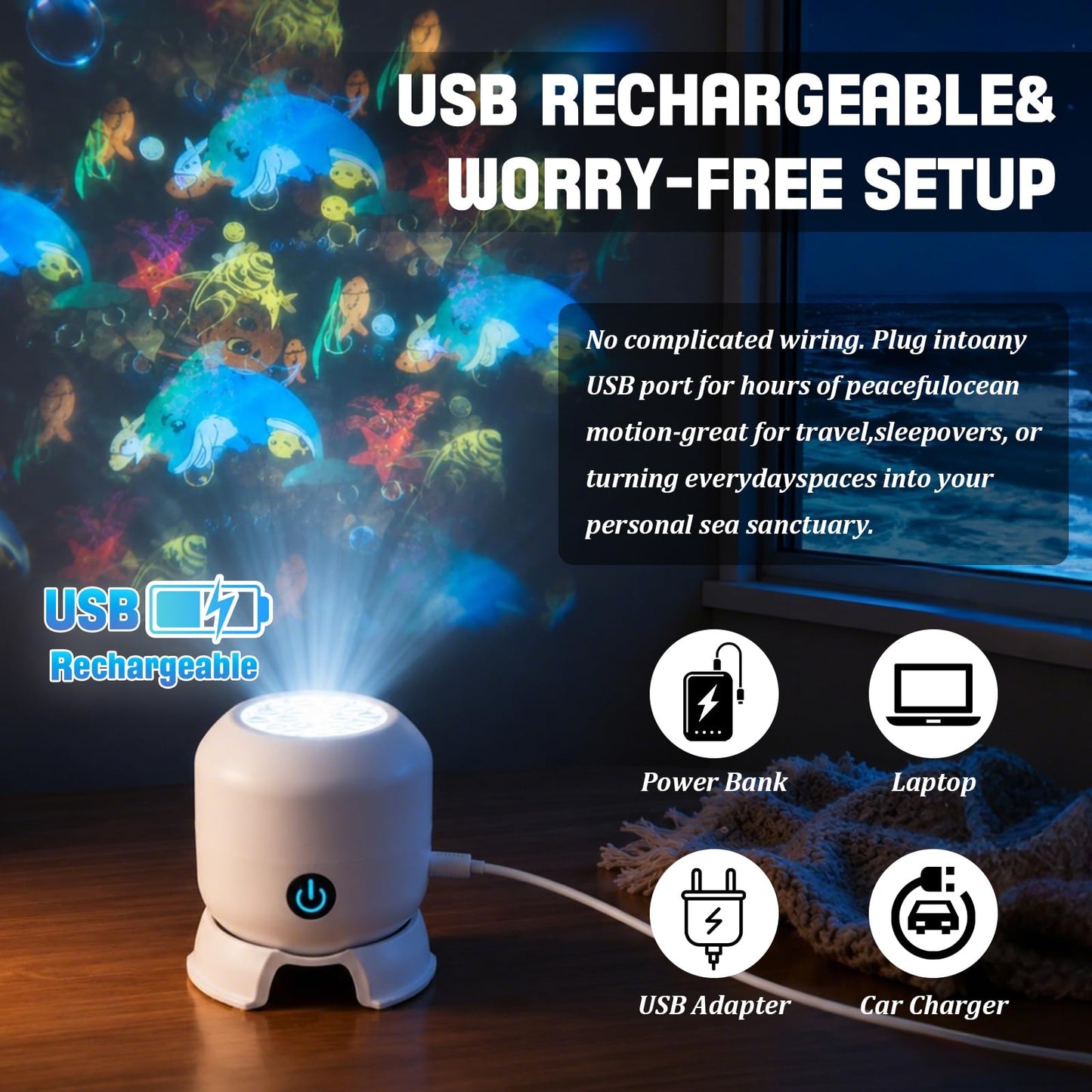 Dynamic Rotating LED Projector Light, 360° Rotating Ocean Wave Night Projection Night Light, Rechargeable Ocean Wave Projector, Multi-Angle Projection Base for Bedroom, Home Theater (Ocean)