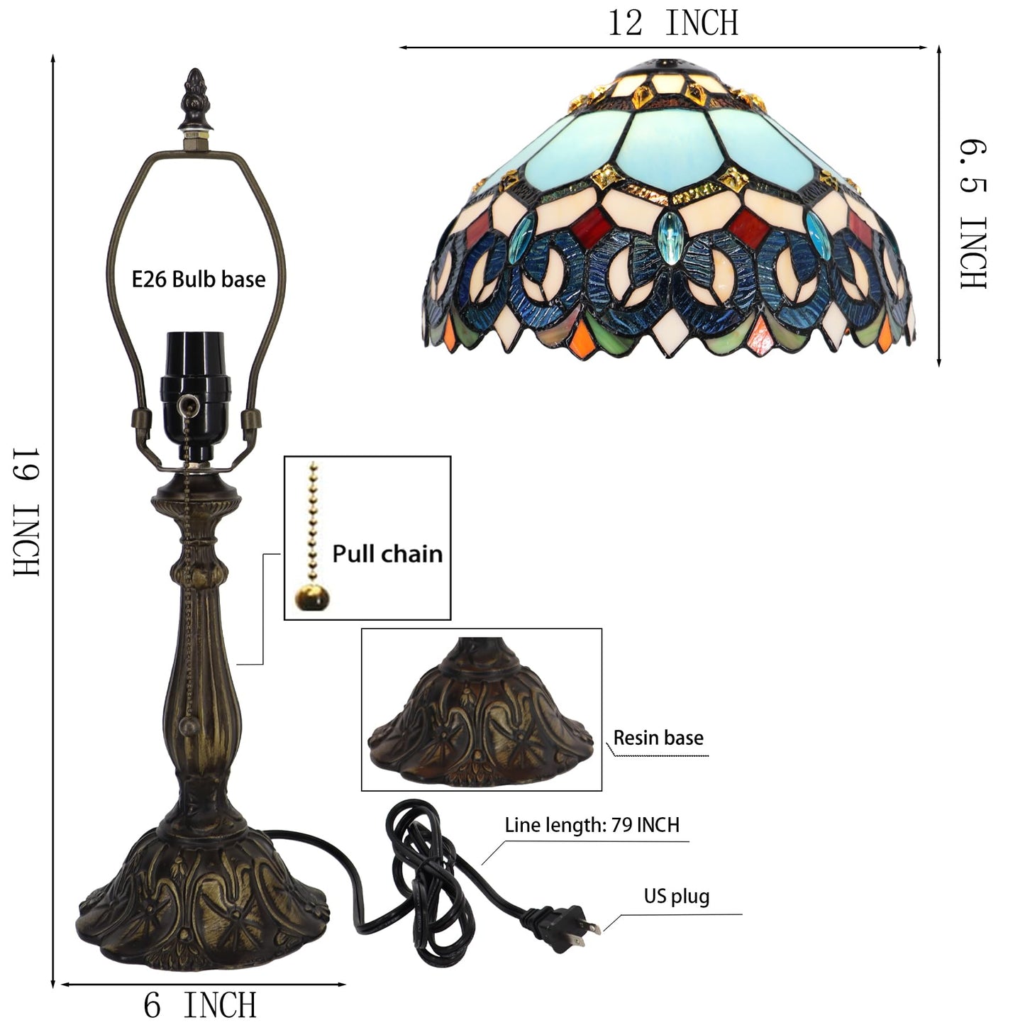 LXHCYOU Tiffany Lamp Stained Glass Table Lamp Bedside Reading Light W12H19 Inches (Sapphire Style)