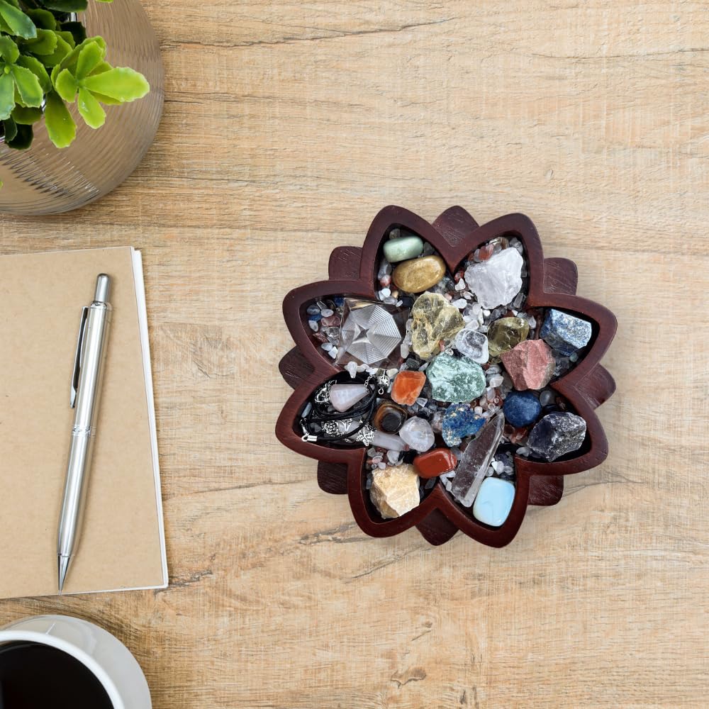 Wooden Lotus Crystal Tray for Stones - Display Your Crystals & Healing Stones - Crystal Holder for Rock Display - Crystal Organizer Bowl for Jewelry (7.87" x 7.87" x .98'') (Acacia Wood)