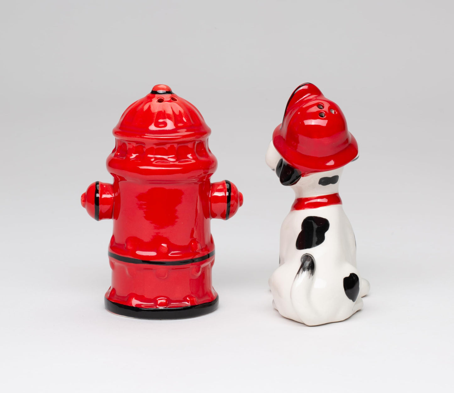 Cosmos Gifts 50158 Fine Ceramic Red Fire Hydrant and Dalmatian Firefighter Puppy Dog Salt and Pepper Shakers, 4" H
