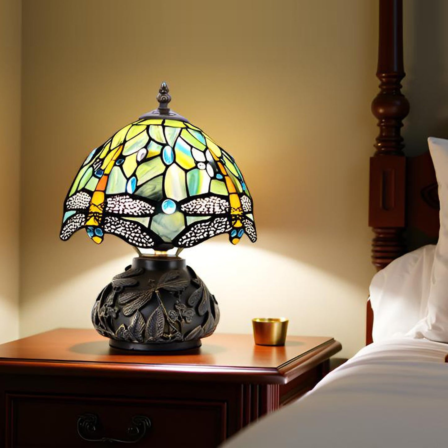 HWDFEI Small Tiffany Mushroom Table Lamp,Mini Memory Sympathy Antique lamp 8X11 Inch (Brown Dragonfly)