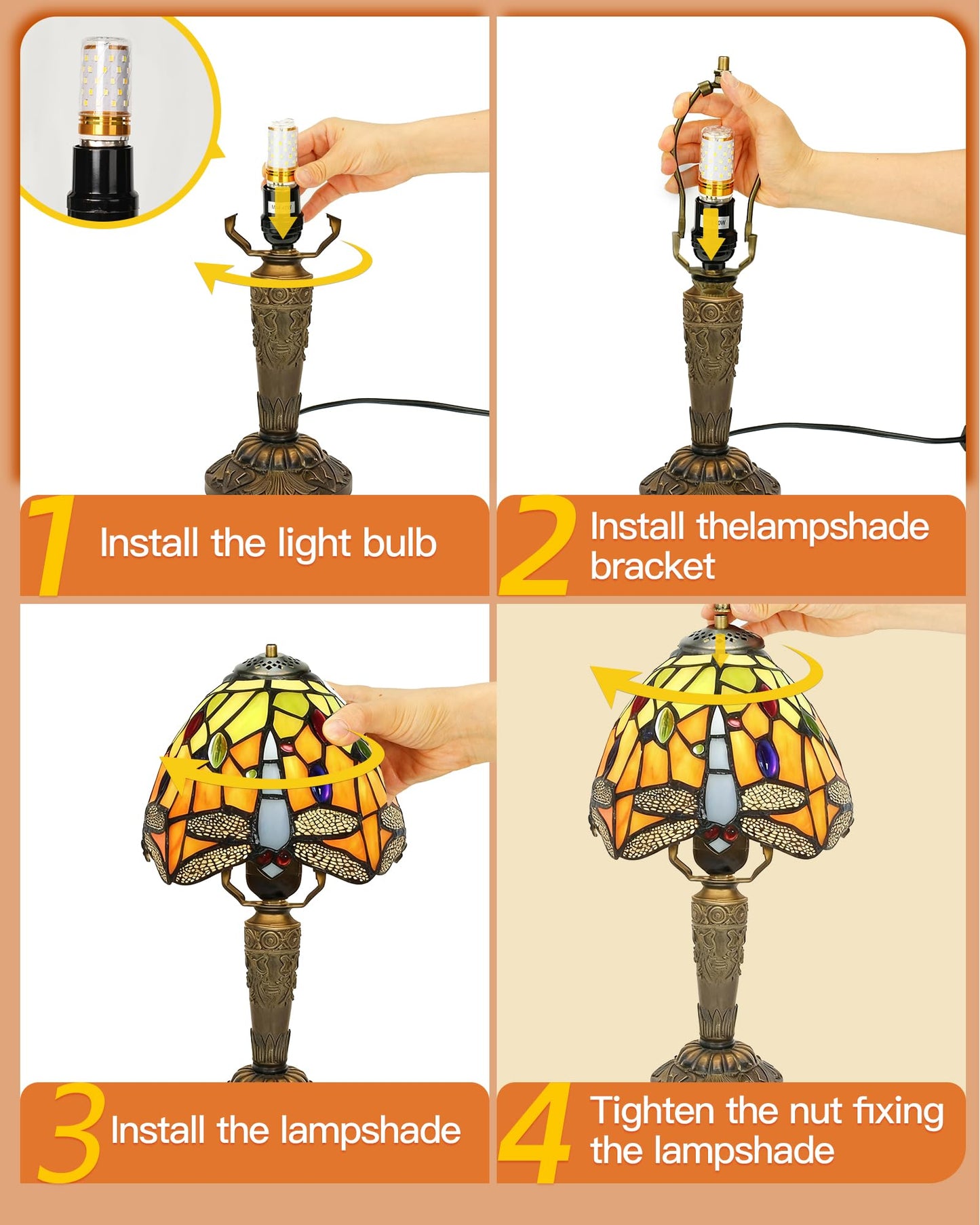 Plynvexa Tiffany Style Table Lamp with LED Bulb, 6 Inch Antique Stained Glass, Handmade Night Light for Bedroom, Living Room, Office Desk(Dragonfly)