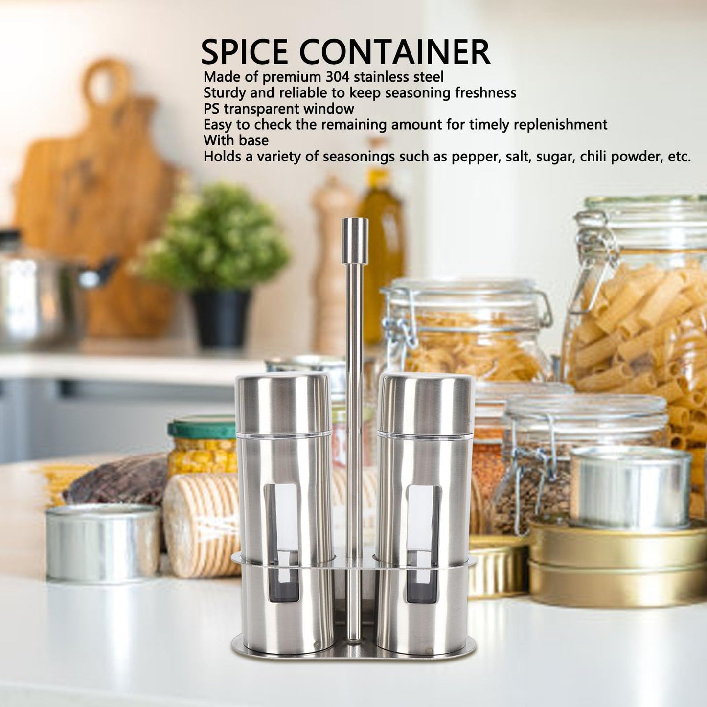 Salt and Pepper Shakers Set with Holder, Stainless Steel Spice Seasoning Bottle with Glass Window, Refillable Salt Pepper Dispenser Containers for Home Kitchen Countertop, BBQ, Bar, RV, Camp (S)