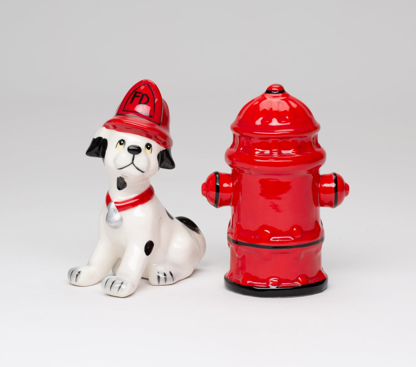 Cosmos Gifts 50158 Fine Ceramic Red Fire Hydrant and Dalmatian Firefighter Puppy Dog Salt and Pepper Shakers, 4" H