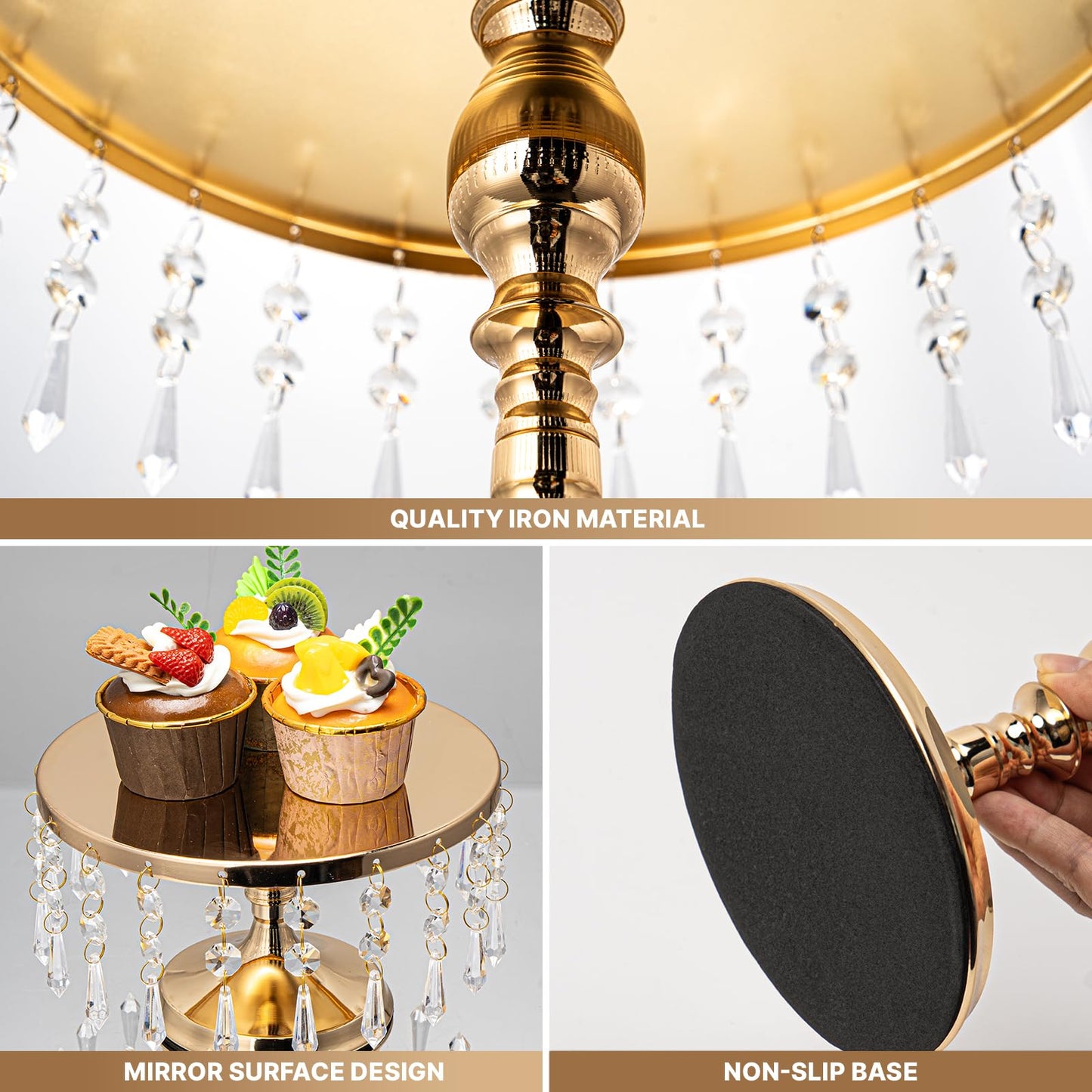 sansaieco 3 PCS Gold Cake Stand Set with Crystal Pendants - Dessert Table Display Set, Dazzling Metal Cake Holder Stand for Wedding, Party, Birthday, Baby Shower, Event Bridal Celebration