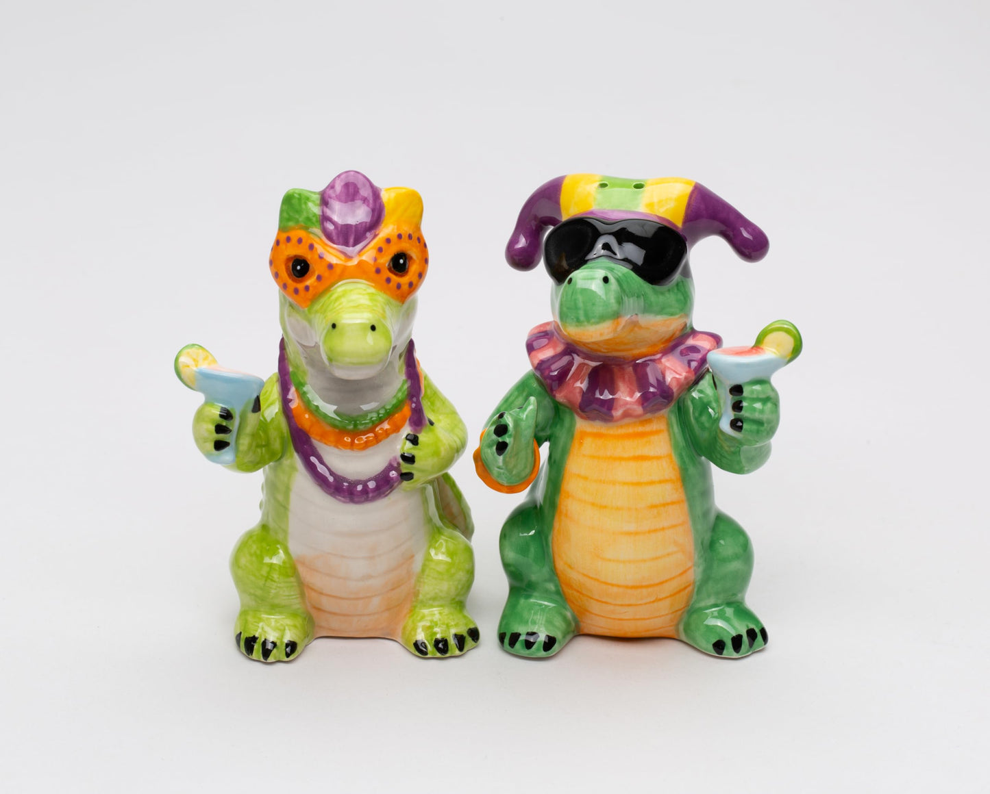 Fine Ceramic Mardi Gras Fat Tuesday Masked Crocodille Allegator Salt & Pepper Shakers Set, 3-7/8" H